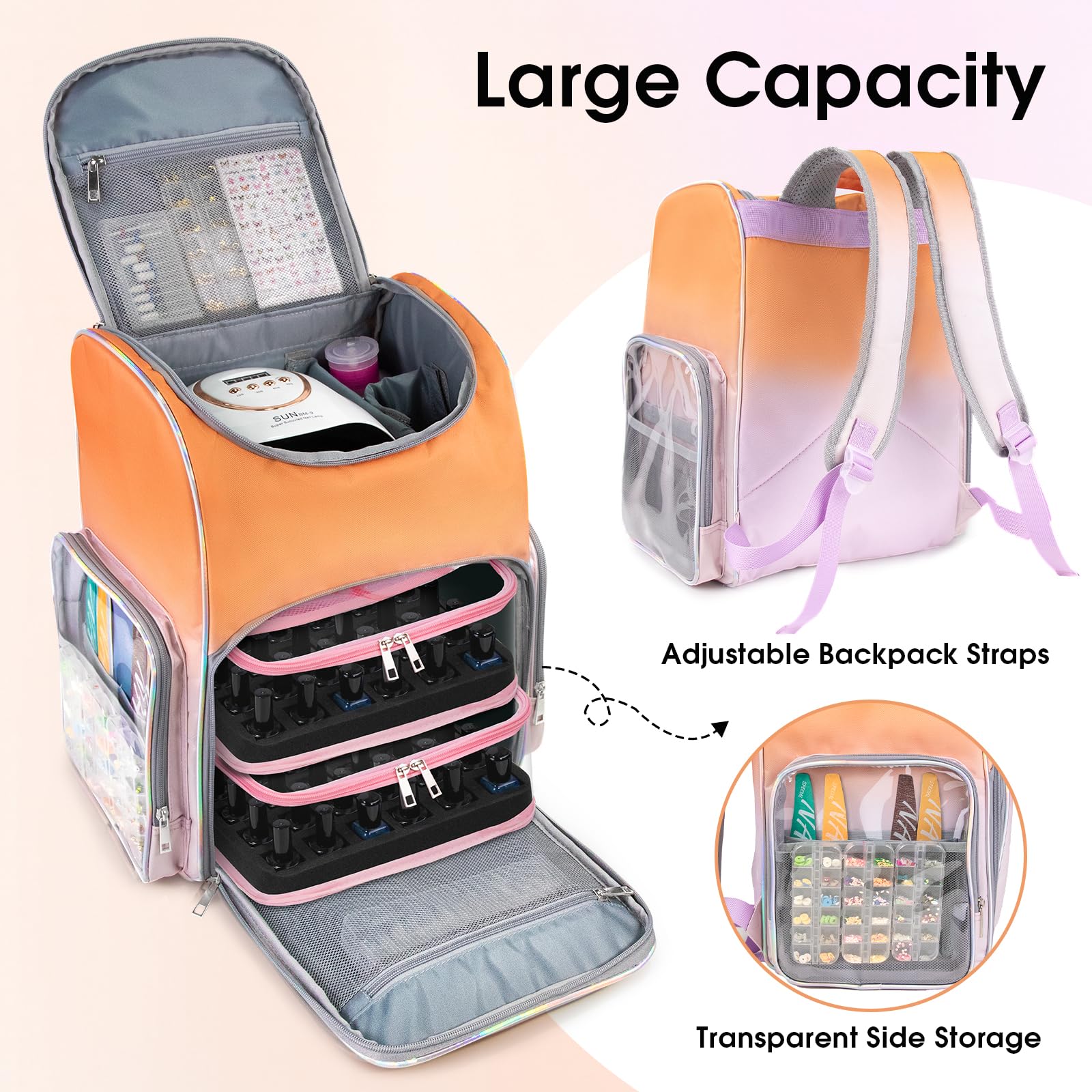 Beloving Nail Polish Organizer Bag – Large Backpack Holds 60 Bottles + Nail Lamp Compartment