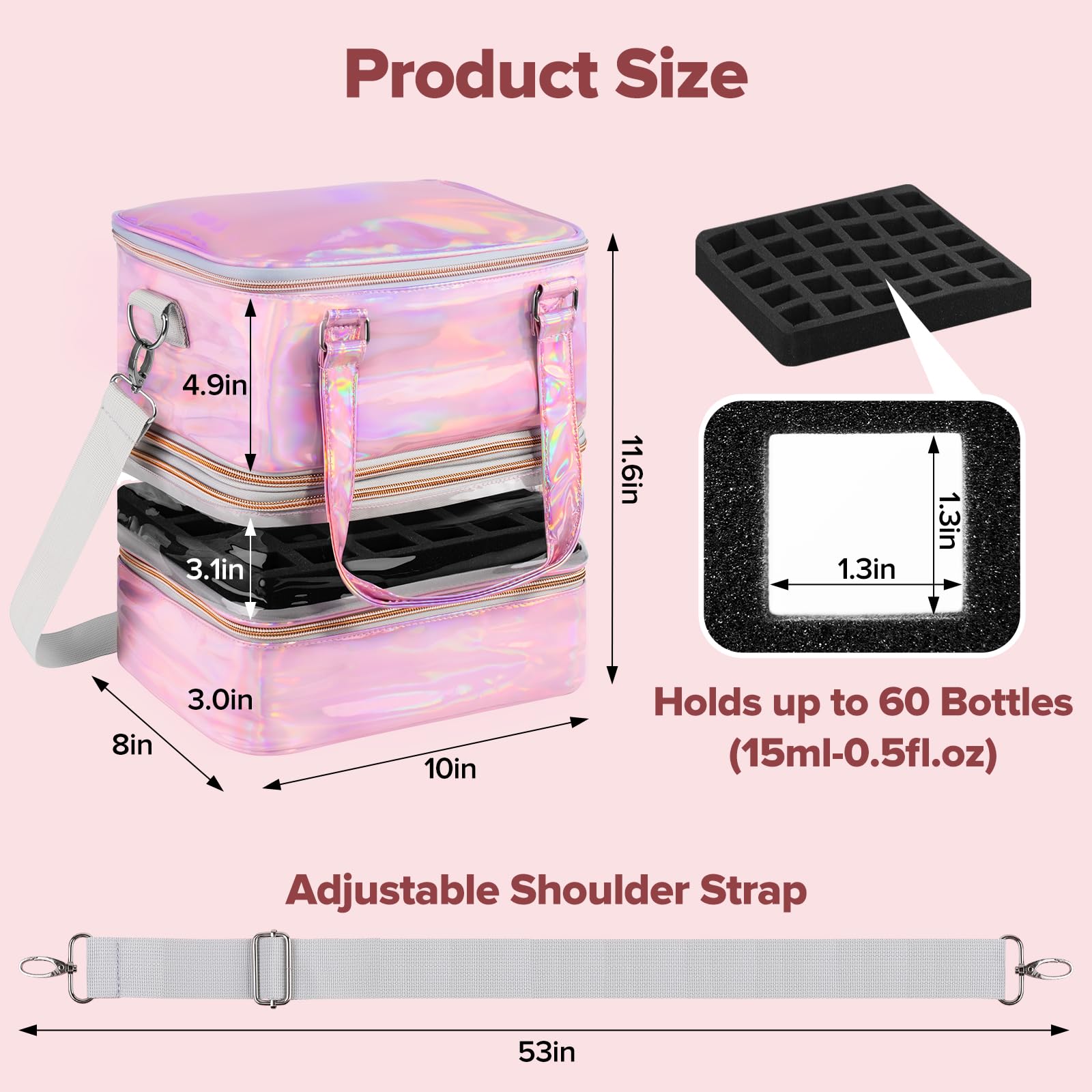 Beloving Nail Polish Organizer Case – 3-Layer Removable Storage for 60 Bottles & Nail Lamp