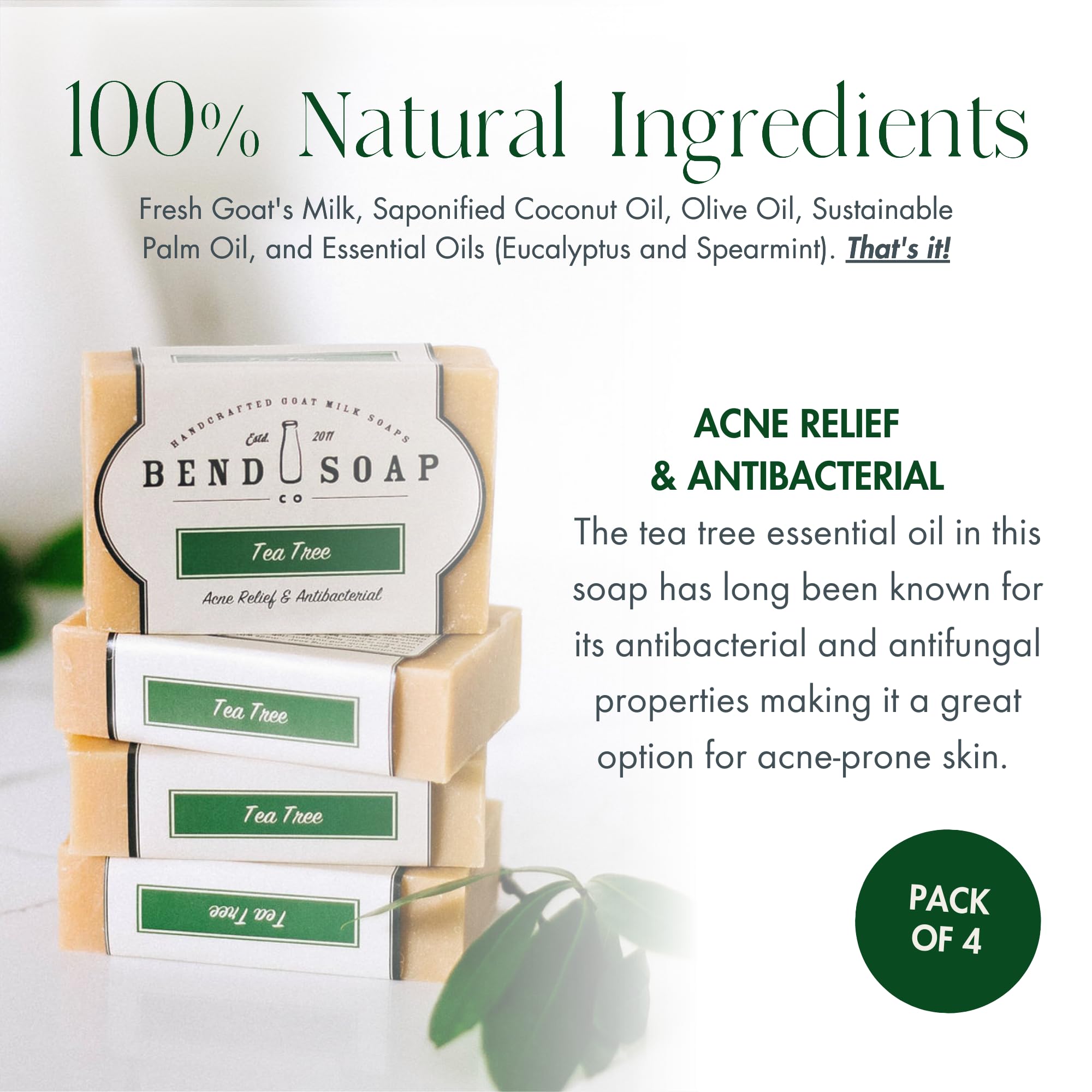 Bend Soap Company Tea Tree Goat Milk Soap – All Natural, Paraben & GMO Free – 4 x 4.5oz