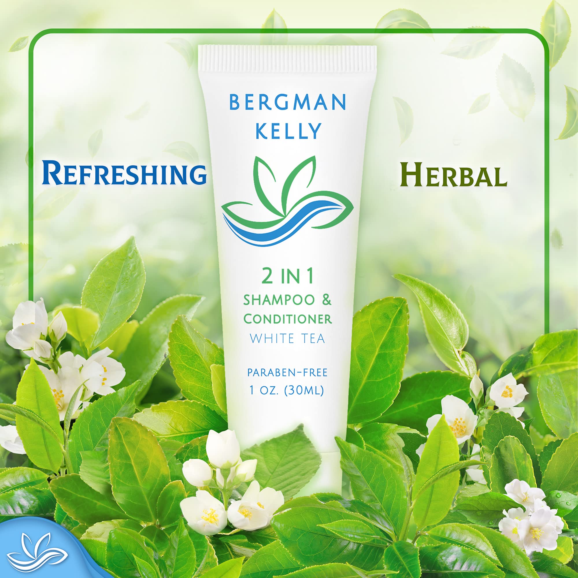 BERGMAN KELLY Travel Size 2-in-1 Shampoo & Conditioner | White Tea, 1 fl oz, 100 Pack