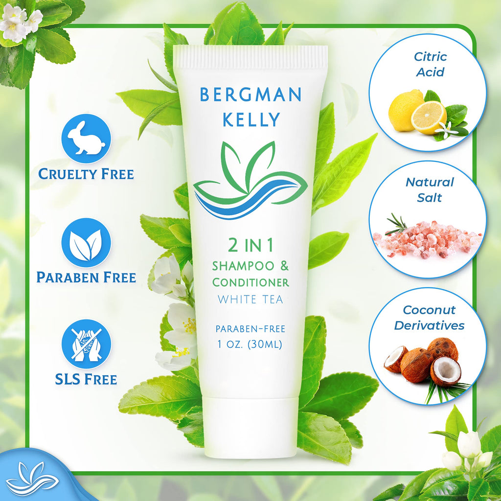 BERGMAN KELLY Rectangle Soap Bars & 2in1 Shampoo & Conditioner Set – White Tea, 1 oz, 100 Hotel Amenities