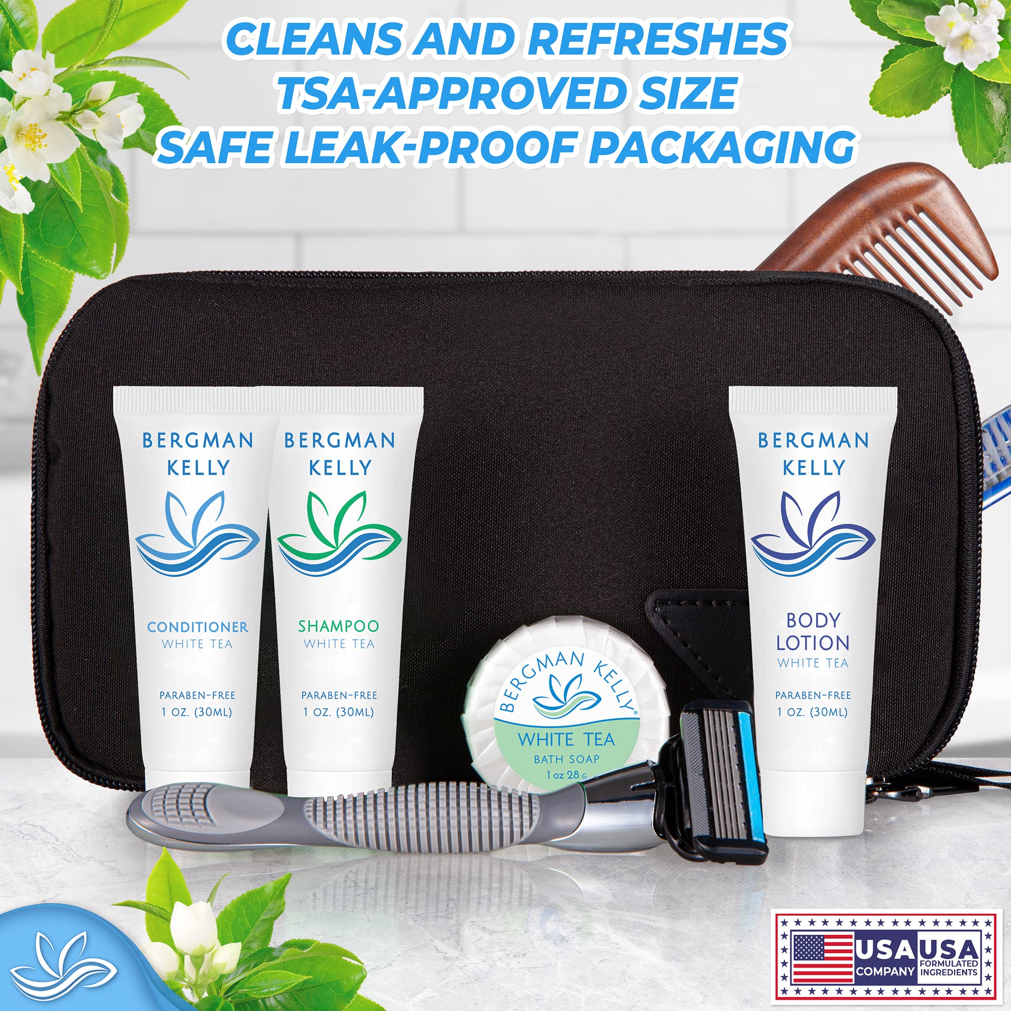 BERGMAN KELLY Hotel Toiletries Bundle: White Tea 1 oz, 100 Pcs | 4-Piece Set