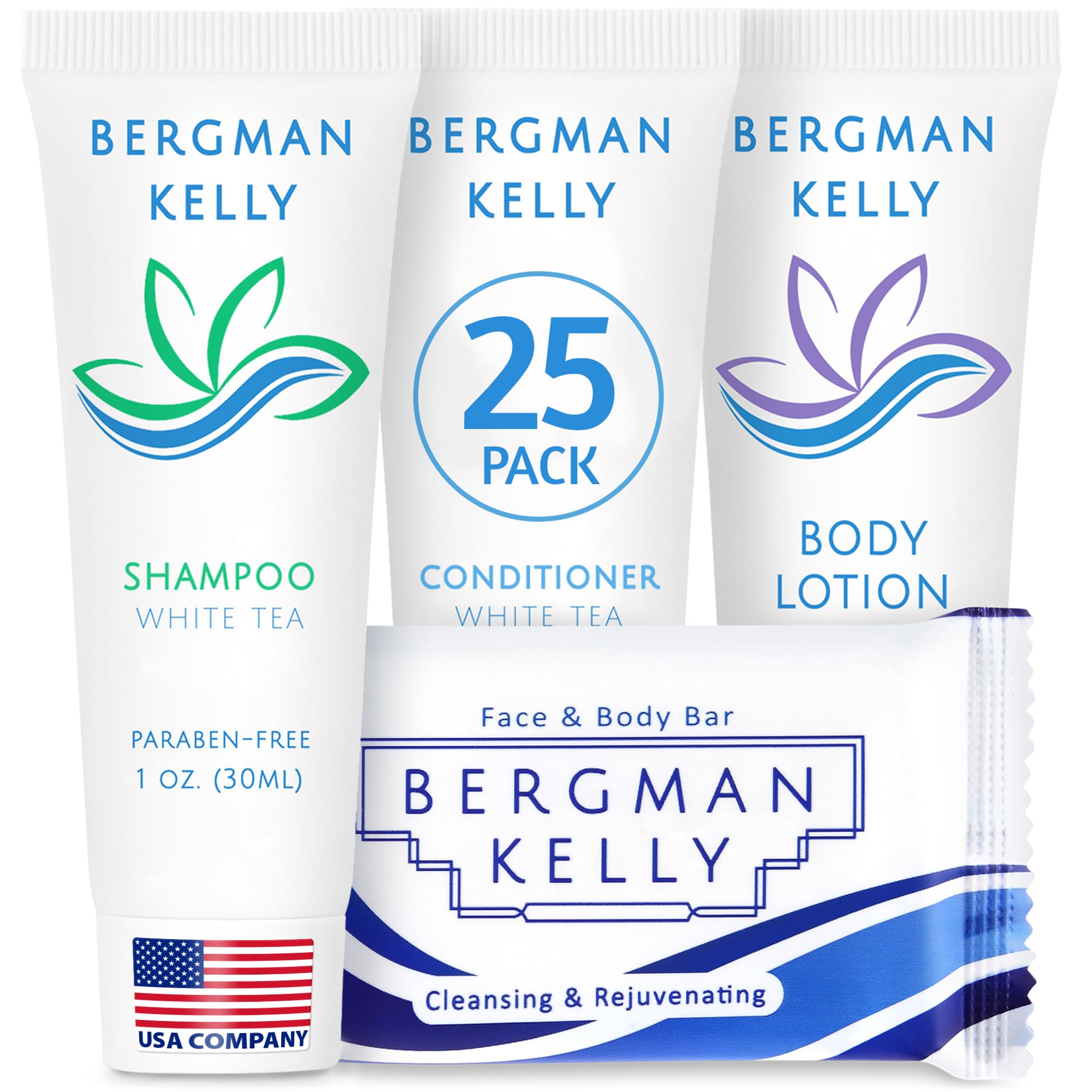 BERGMAN KELLY Hotel Toiletries Bundle: White Tea 1 oz, 100 Pcs | 4-Piece Set