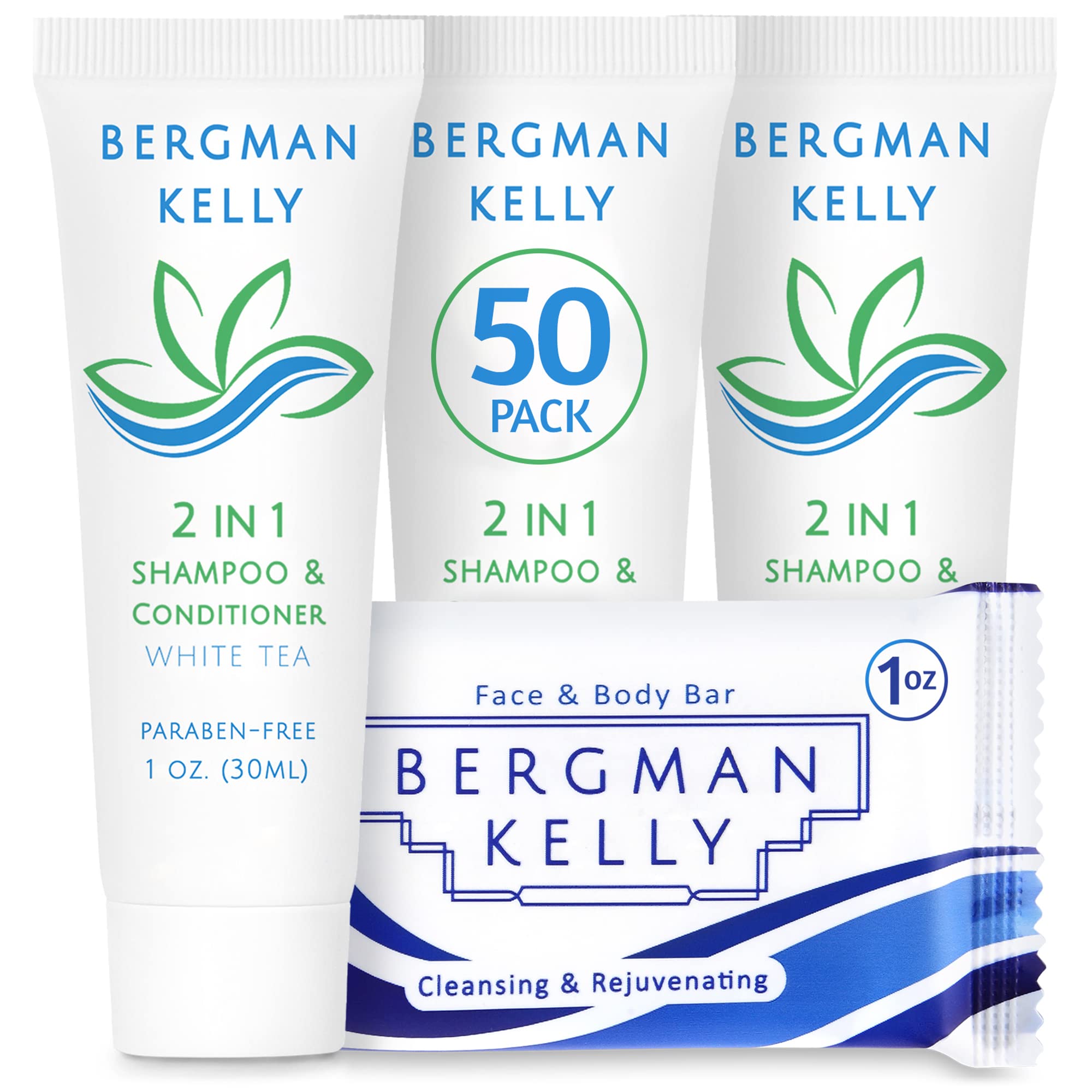 BERGMAN KELLY Rectangle Soap Bars & 2in1 Shampoo & Conditioner Set – White Tea, 1 oz, 100 Hotel Amenities