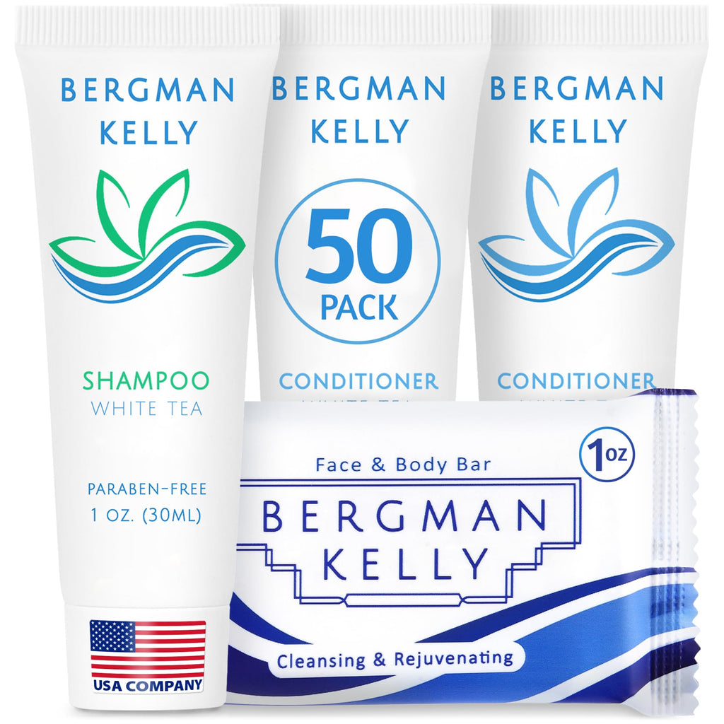 BERGMAN KELLY Rectangular Hotel Soap Bars + Travel Shampoo & Conditioner Set — 150-Piece White Tea Bulk Amenities