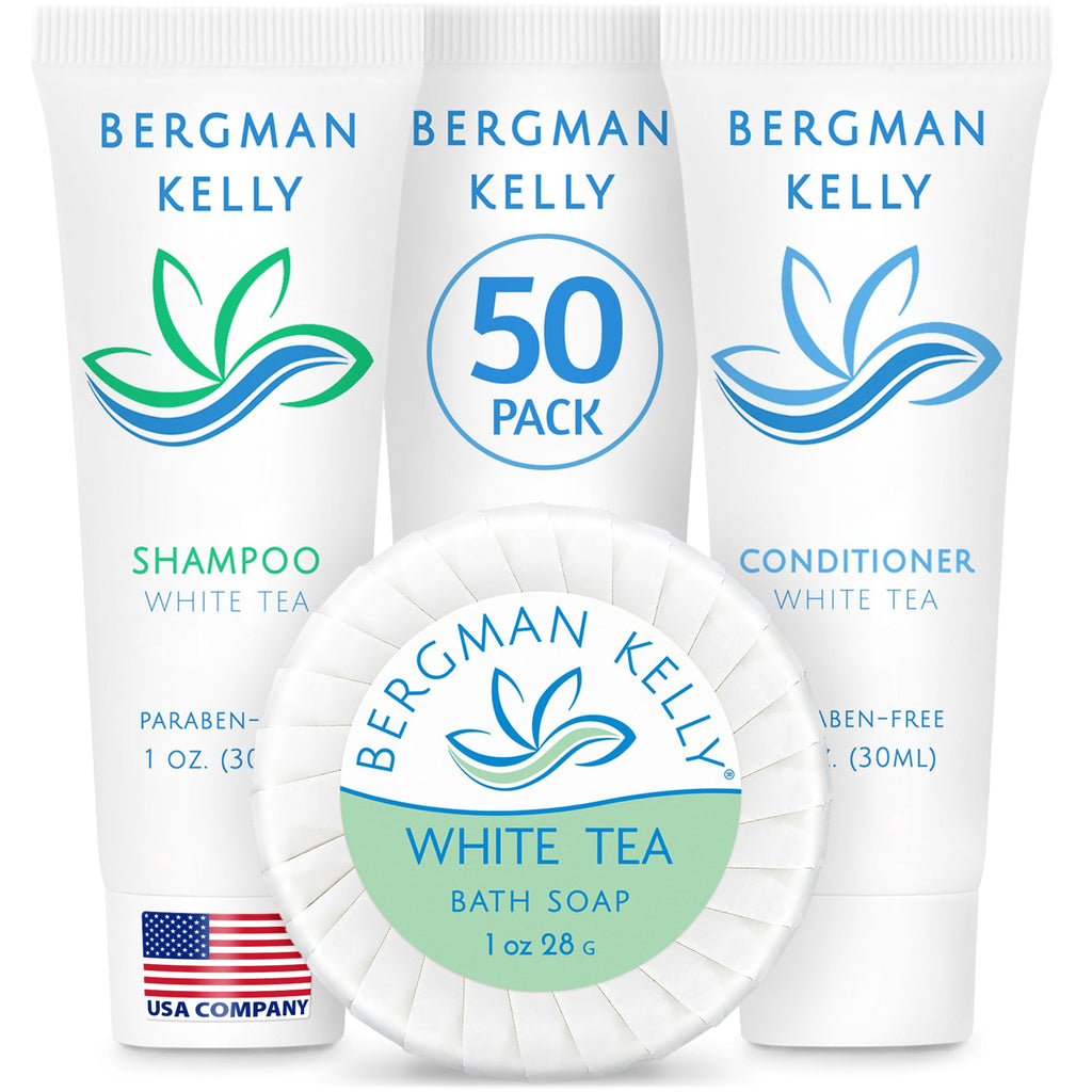 BERGMAN KELLY Round Hotel Soap Bars, Shampoo & Conditioner 3-Piece Set — 150 Bulk Travel Toiletries, White Tea Scent