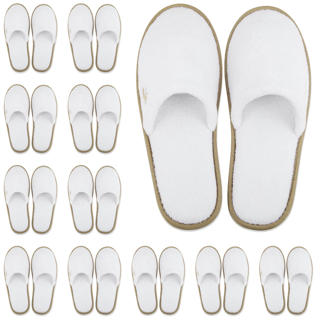 BERGMAN KELLY Spa Slippers – Closed Toe, 12 Pairs, White + Cocoa Trim, Deluxe Padded Sole