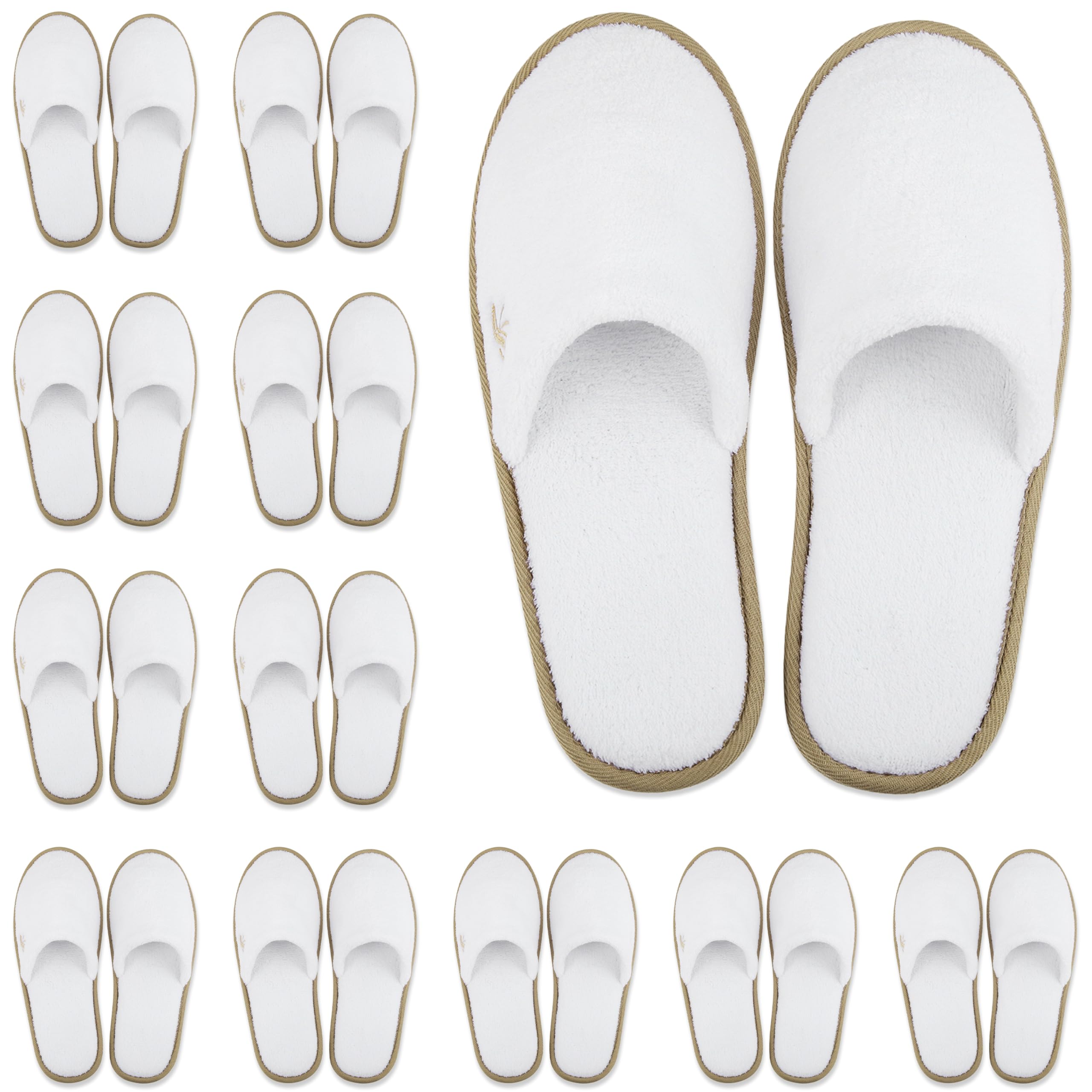 BERGMAN KELLY Spa Slippers – Closed Toe, 12 Pairs, White + Cocoa Trim, Deluxe Padded Sole