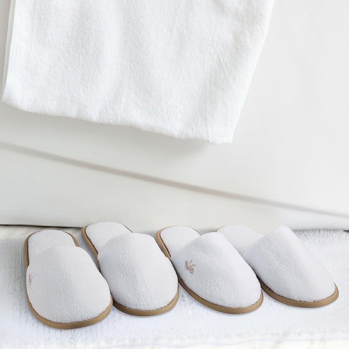 BERGMAN KELLY Spa Slippers – Closed Toe, 12 Pairs, White + Cocoa Trim, Deluxe Padded Sole