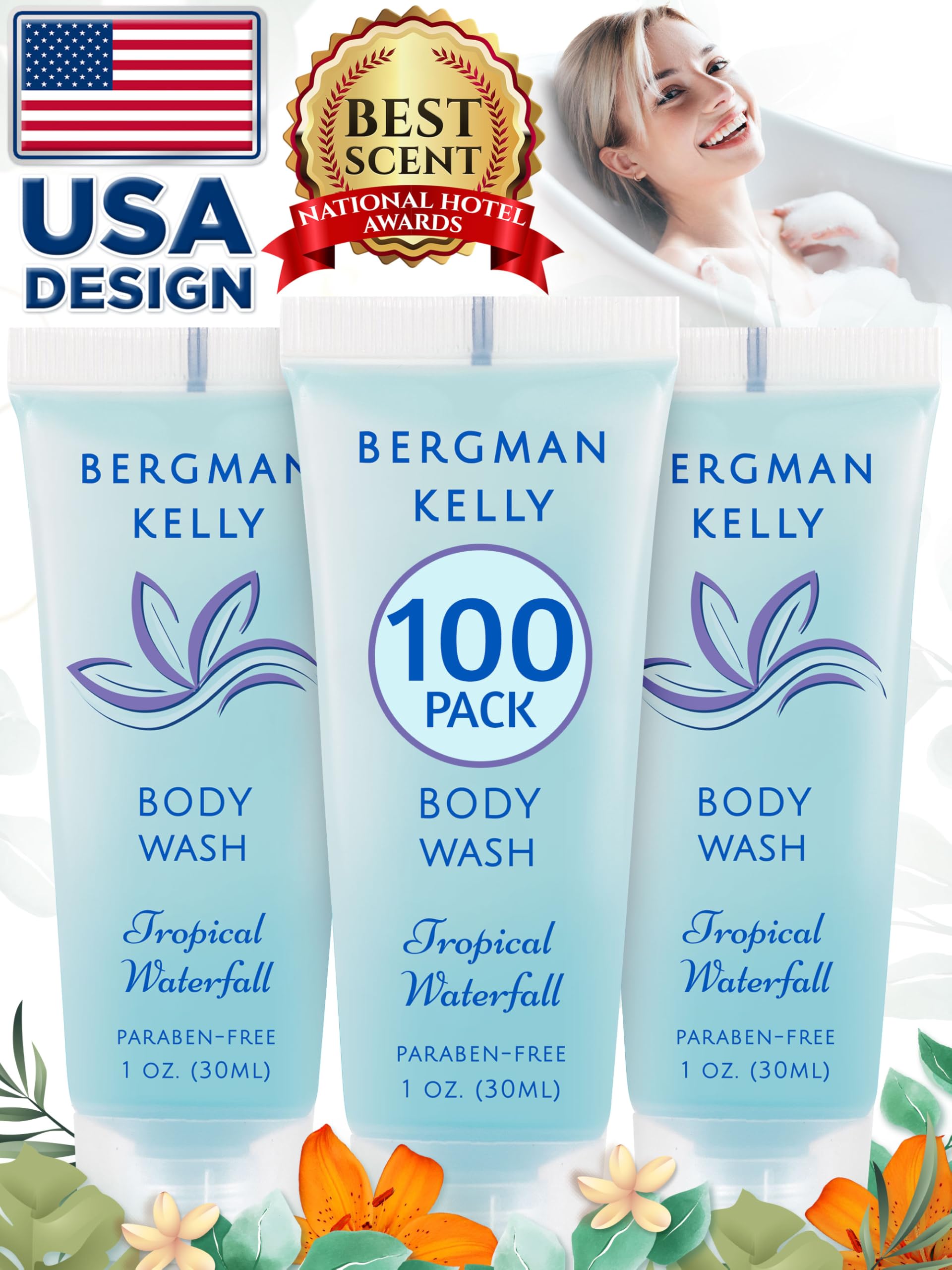 BERGMAN KELLY Travel Size Body Wash – Tropical Waterfall, 1 oz (100 Pack)
