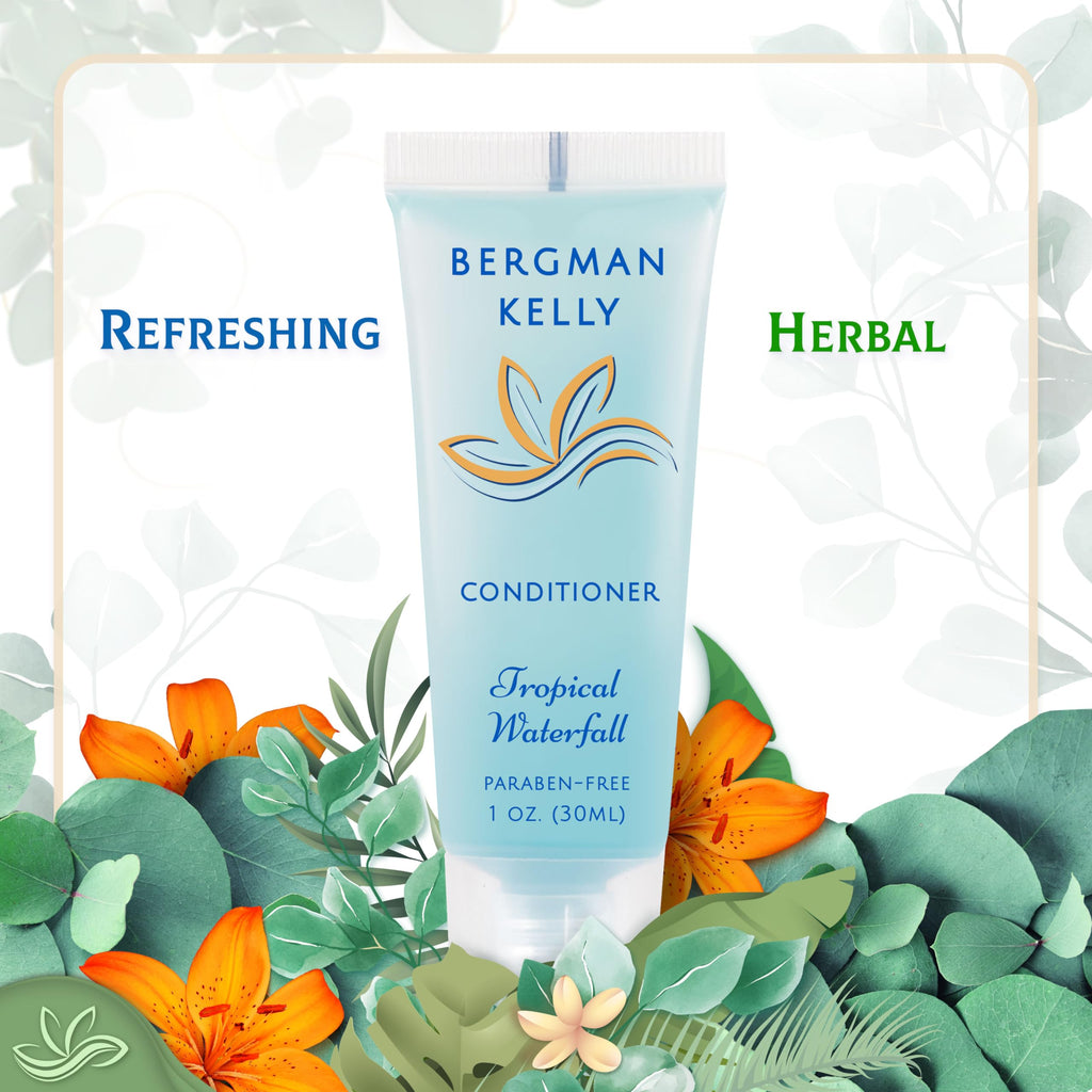 BERGMAN KELLY Hotel Toiletries Bundle – Tropical Waterfall, 1oz Each, 100-Piece Bulk Set (Soap, Shampoo, Conditioner, Lotion)