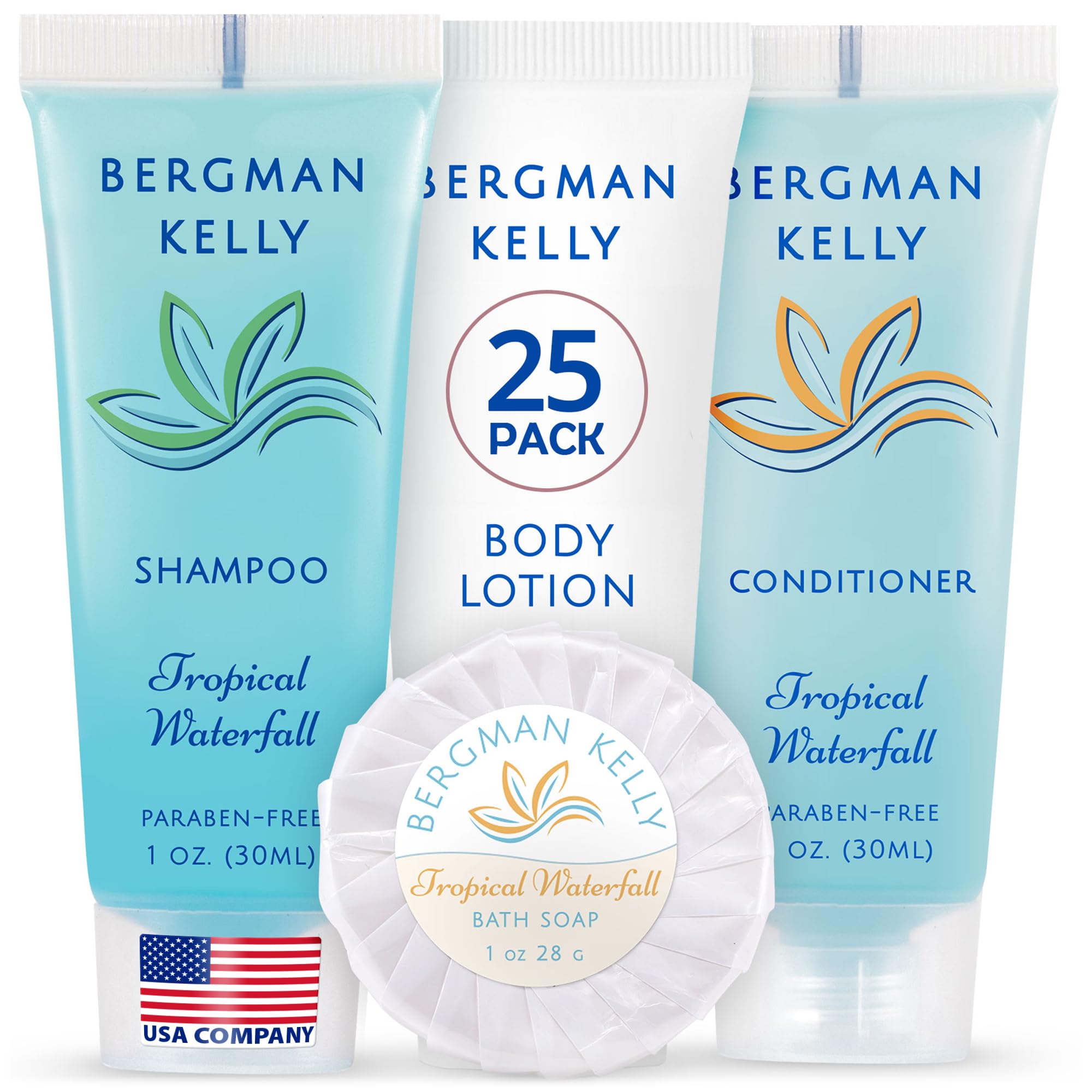 BERGMAN KELLY Hotel Toiletries Bundle – Tropical Waterfall, 1oz Each, 100-Piece Bulk Set (Soap, Shampoo, Conditioner, Lotion)