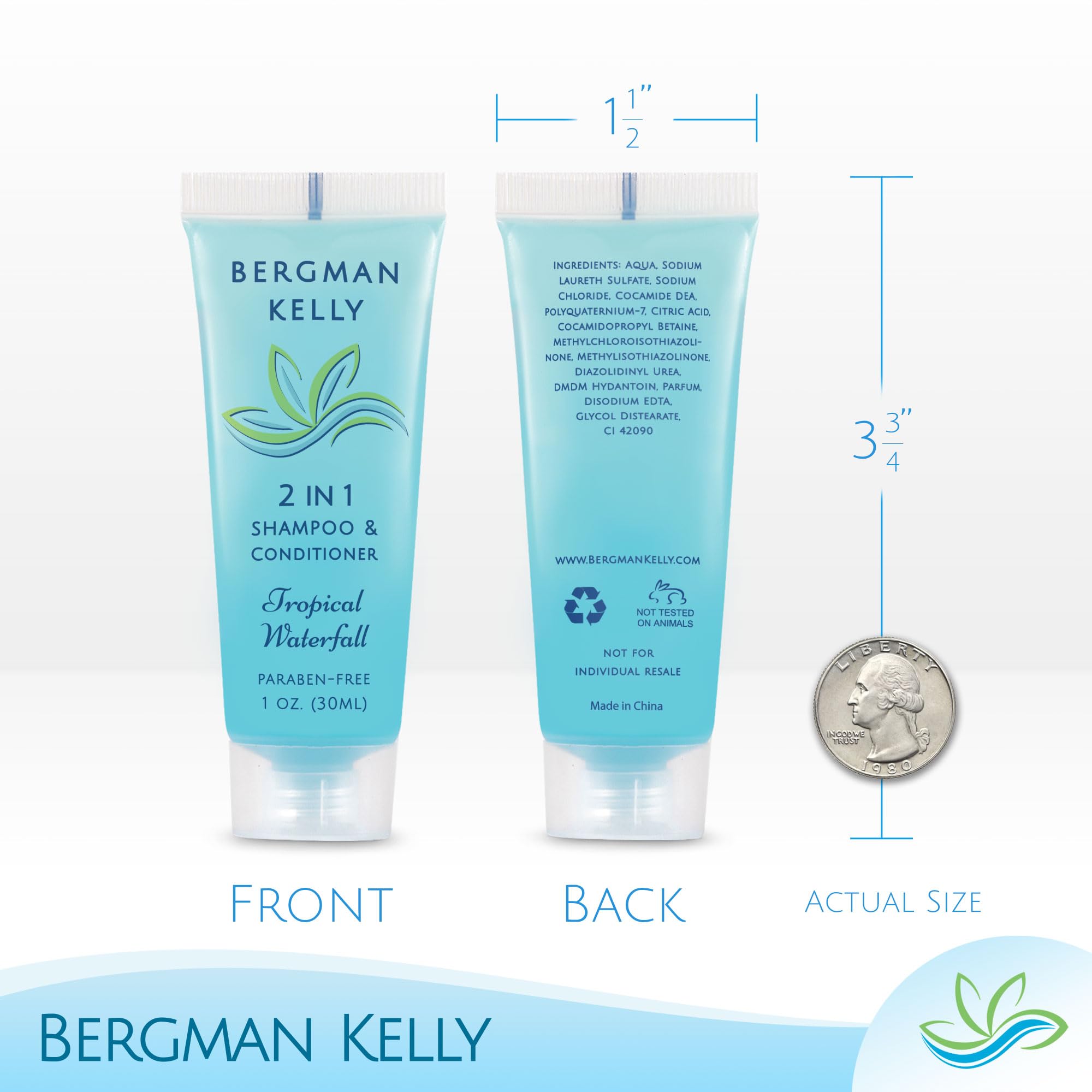 BERGMAN KELLY Travel Size 2-in-1 Shampoo & Conditioner – 1 fl oz, Tropical Waterfall, 100 Pack
