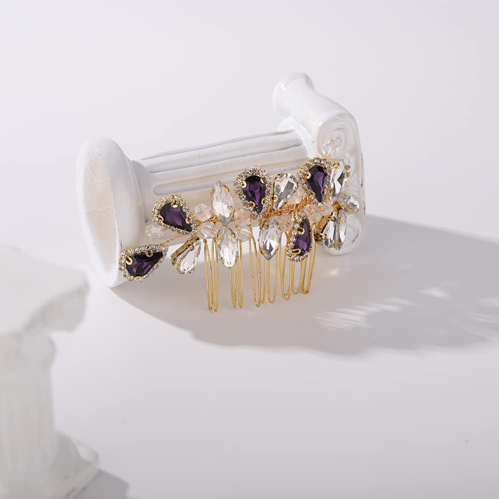 BERYUAN Bridal Hair Comb – Rhinestone Teardrop in Gold & Purple