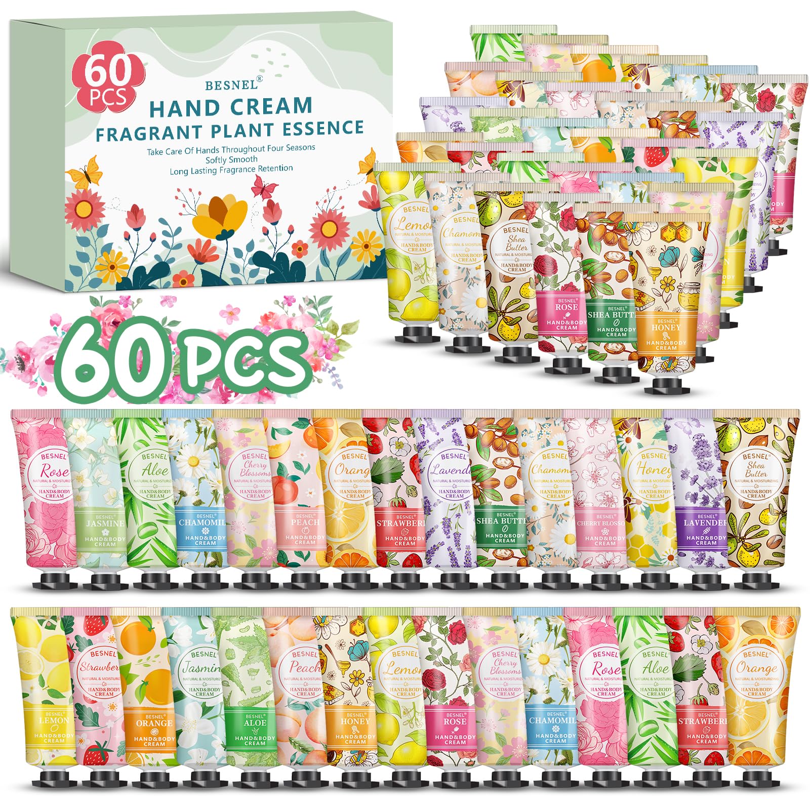 Besnel 60-Pack Hand Cream Gift Set – 12 Fragrances, Travel Size