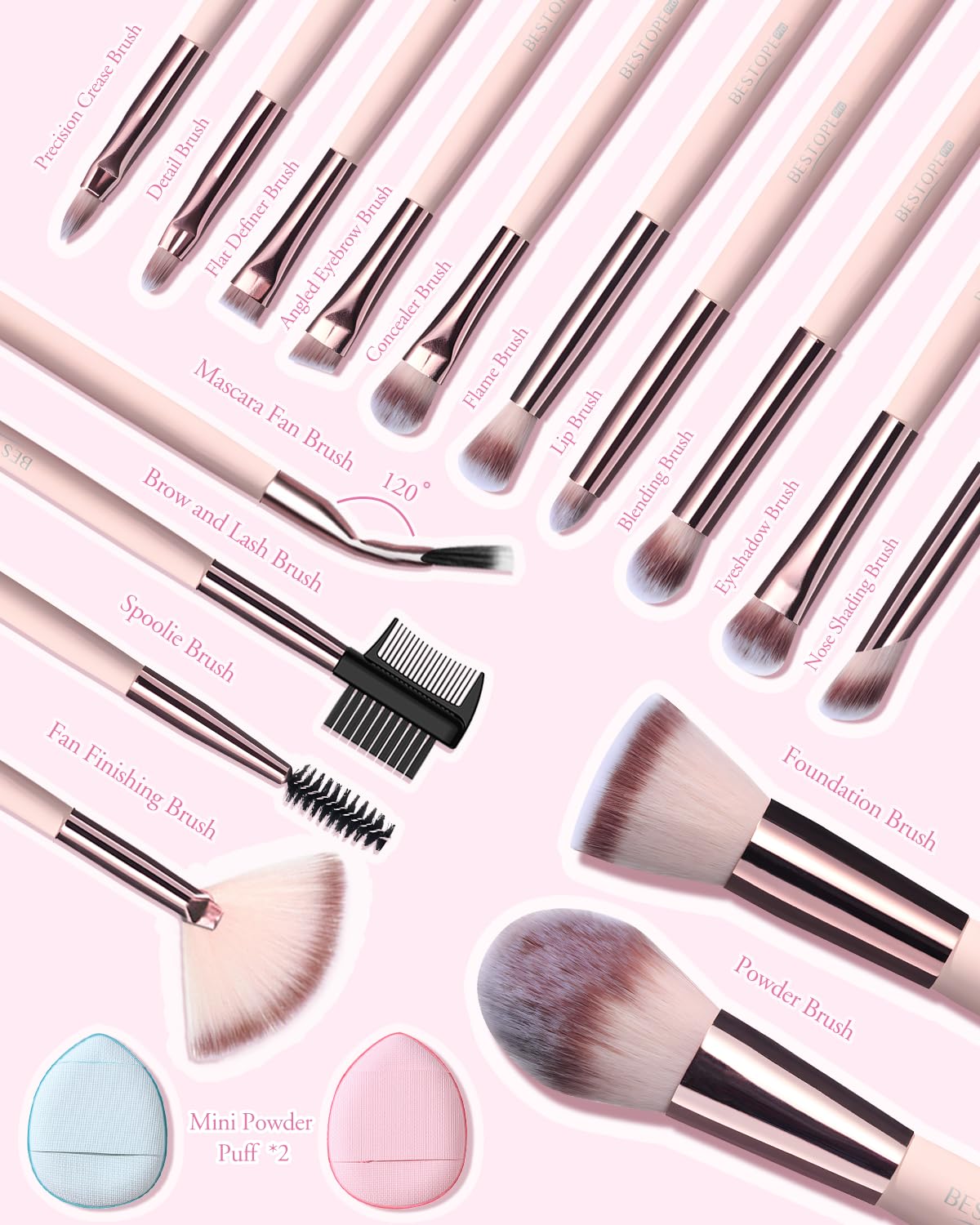 BESTOPE PRO Makeup Brushes with Case – 20PC Travel Brush Set with LED Light Mirror Holder