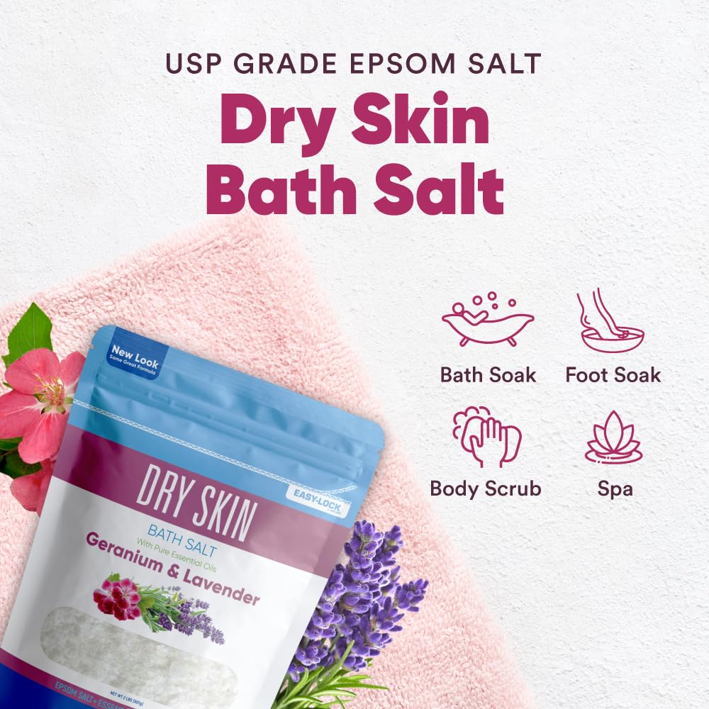 Better Bath Better Body Dry Skin Bath Salt 32 oz | Epsom Salt with Geranium, Lavender & Vitamin C | Made in USA