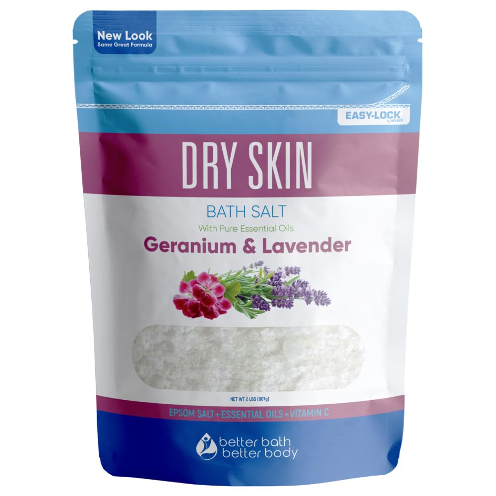 Better Bath Better Body Dry Skin Bath Salt 32 oz | Epsom Salt with Geranium, Lavender & Vitamin C | Made in USA