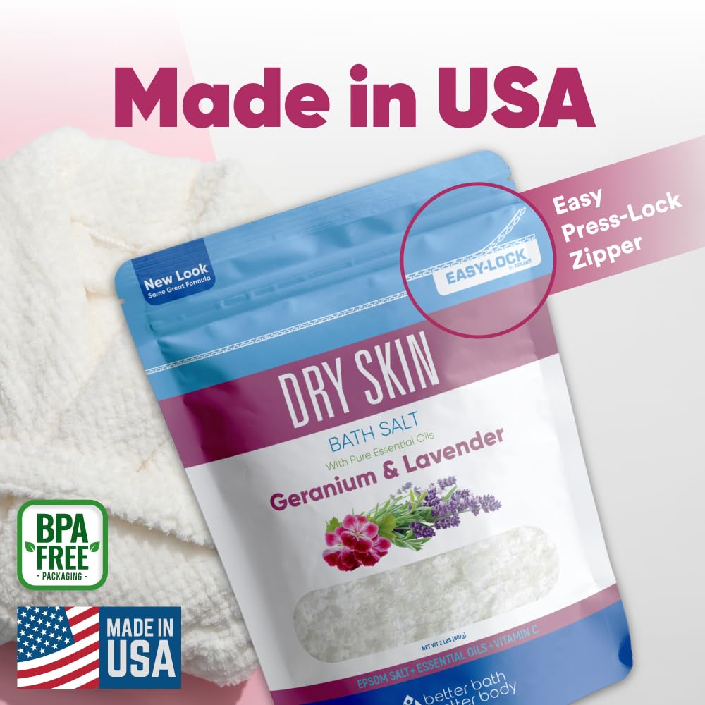 Better Bath Better Body Dry Skin Bath Salt 32 oz | Epsom Salt with Geranium, Lavender & Vitamin C | Made in USA