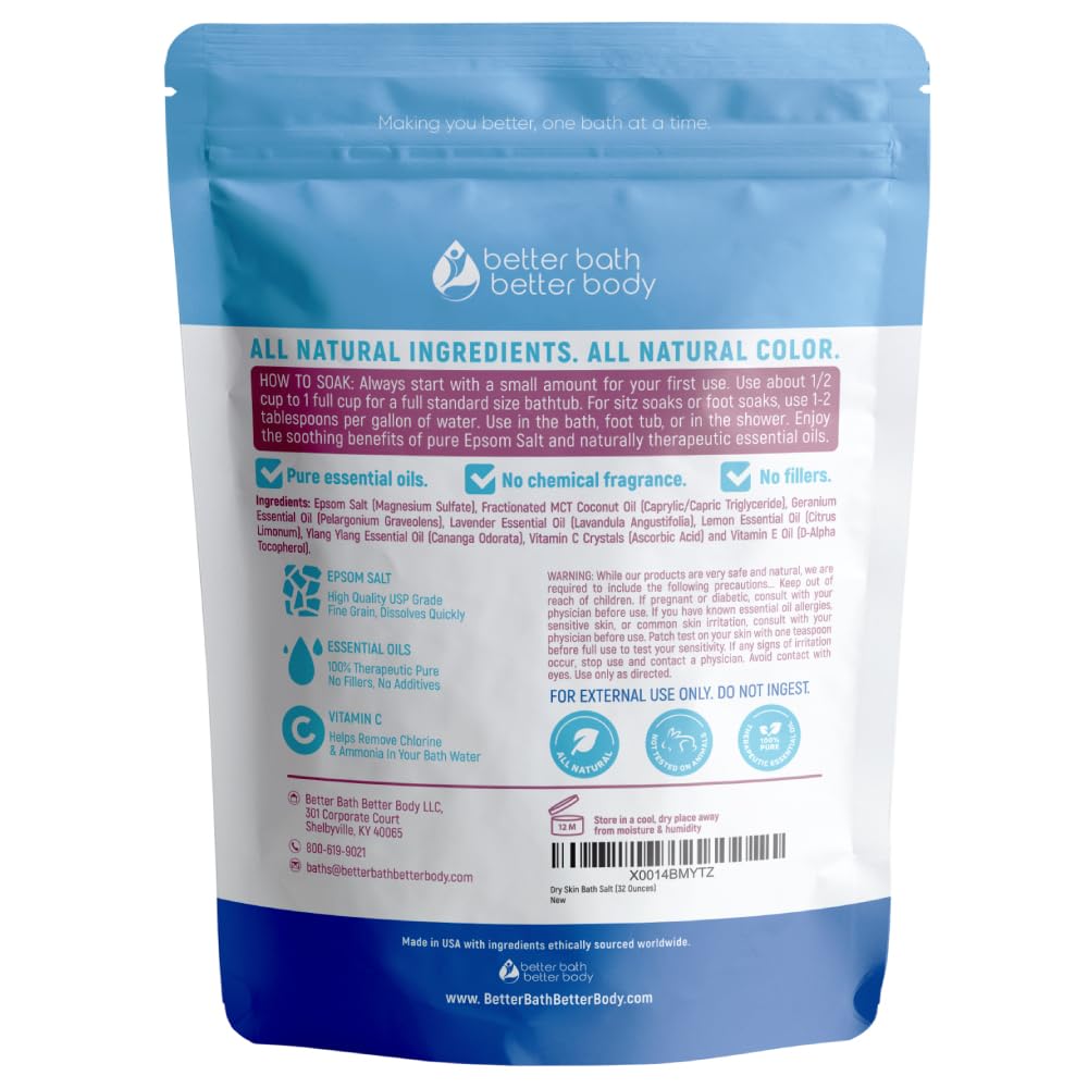 Better Bath Better Body Dry Skin Bath Salt 32 oz | Epsom Salt with Geranium, Lavender & Vitamin C | Made in USA