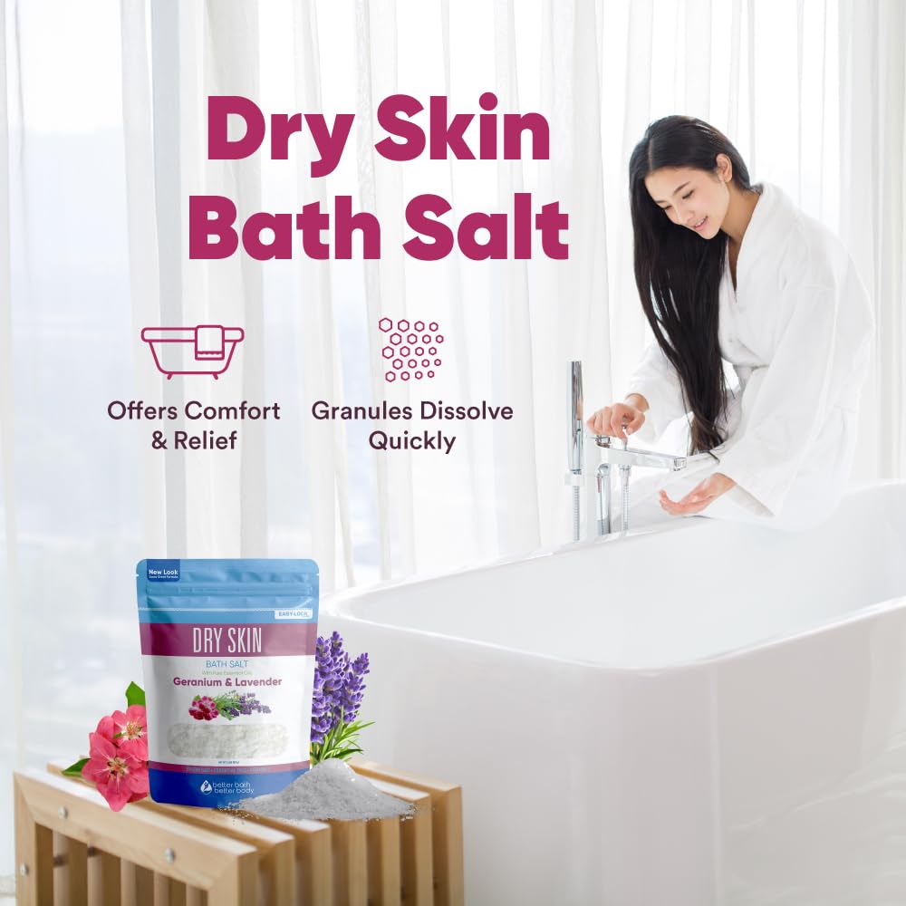 Better Bath Better Body Dry Skin Bath Salt 32 oz | Epsom Salt with Geranium, Lavender & Vitamin C | Made in USA