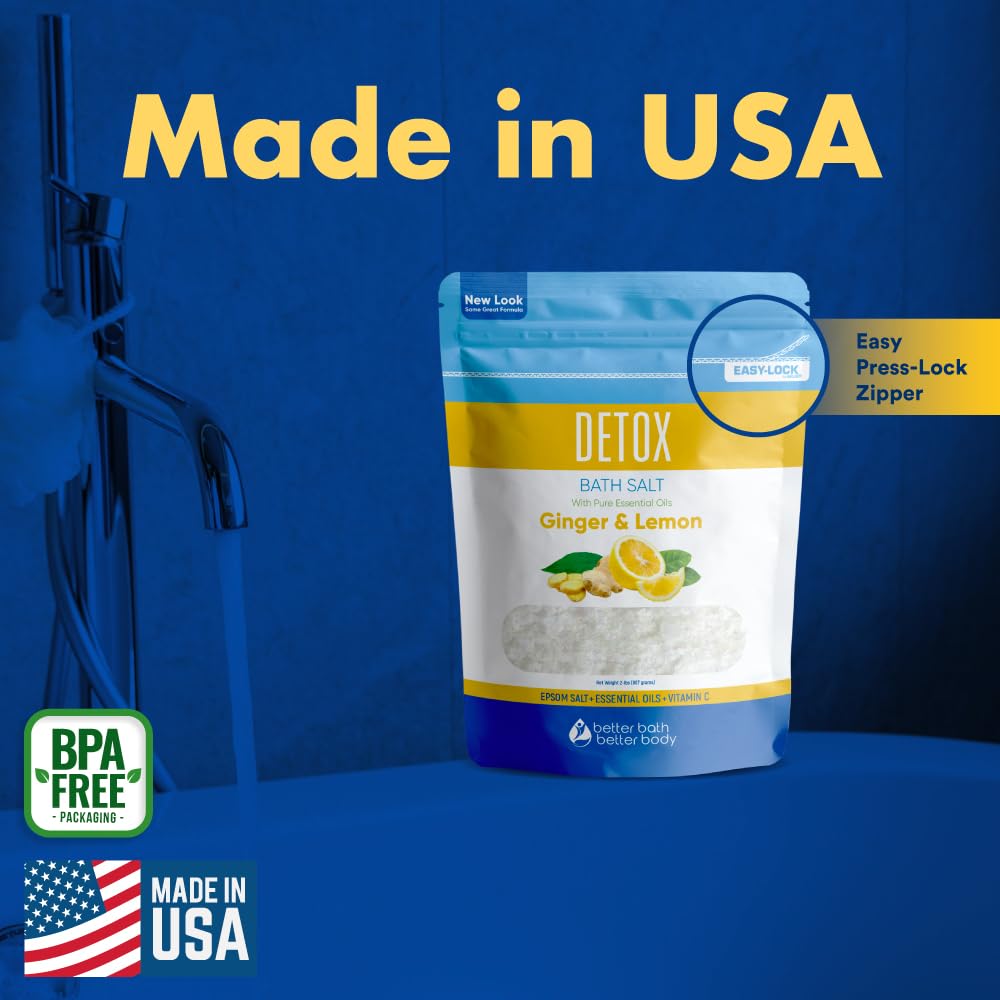 Detox Bath Salt 32 oz – USP Epsom Salt with Ginger, Lemon Oils, Vitamin C (Made in USA)