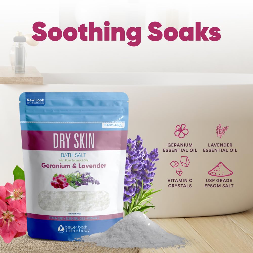 Better Bath Better Body Dry Skin Bath Salt 32 oz | Epsom Salt with Geranium, Lavender & Vitamin C | Made in USA