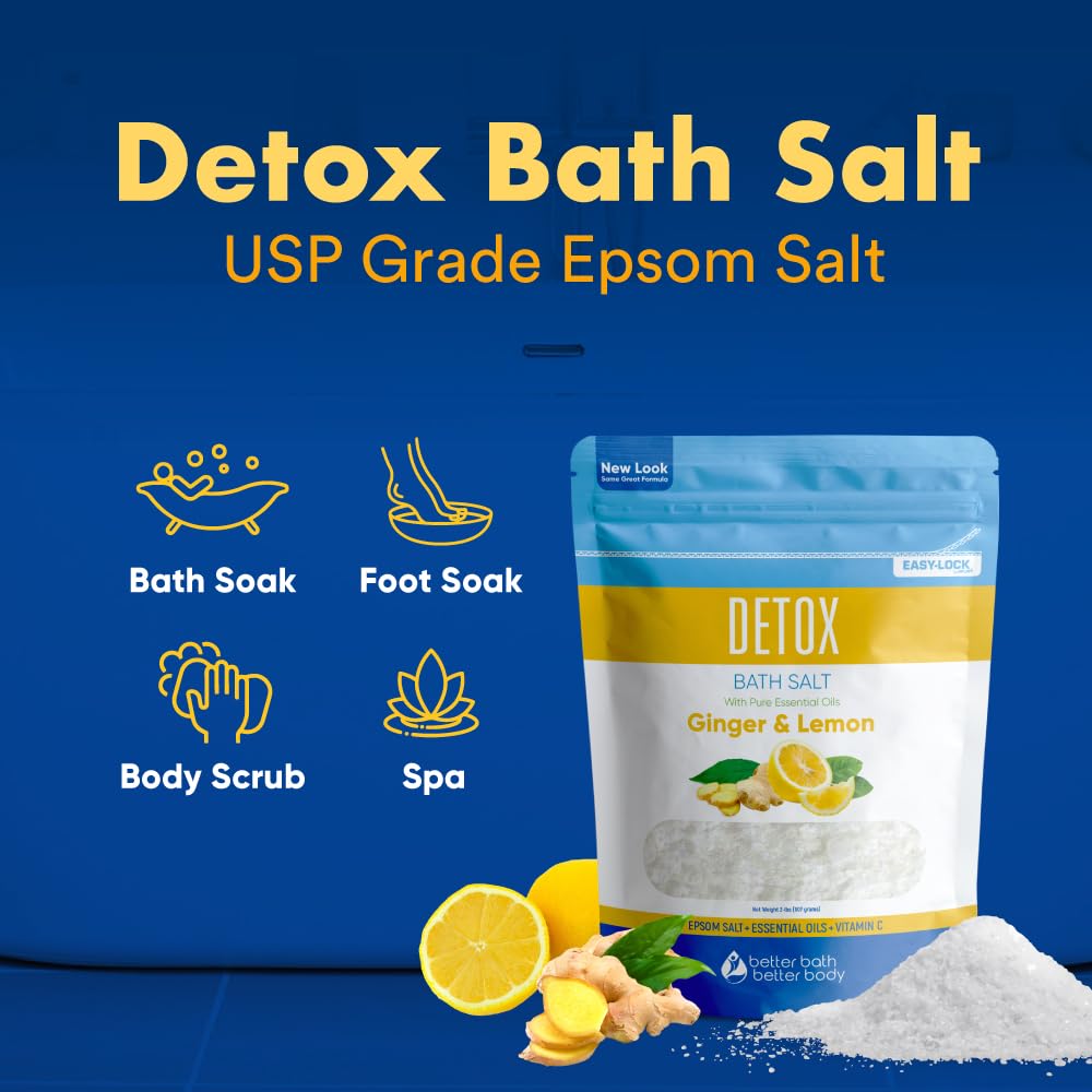 Detox Bath Salt 32 oz – USP Epsom Salt with Ginger, Lemon Oils, Vitamin C (Made in USA)