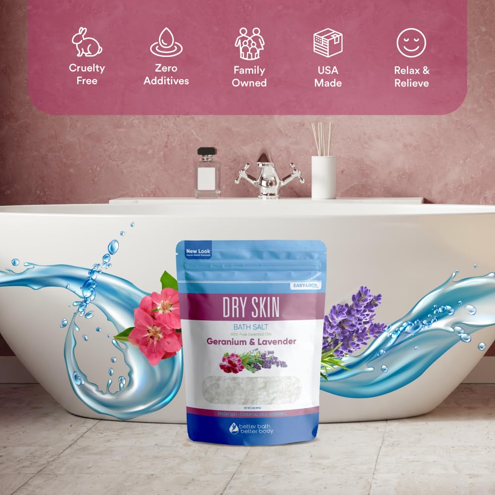 Better Bath Better Body Dry Skin Bath Salt 32 oz | Epsom Salt with Geranium, Lavender & Vitamin C | Made in USA
