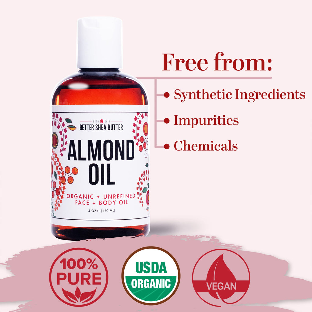 Better Shea Butter Organic Almond Oil | 100% Pure, Cold-Pressed Massage & Skin Oil | 4 oz