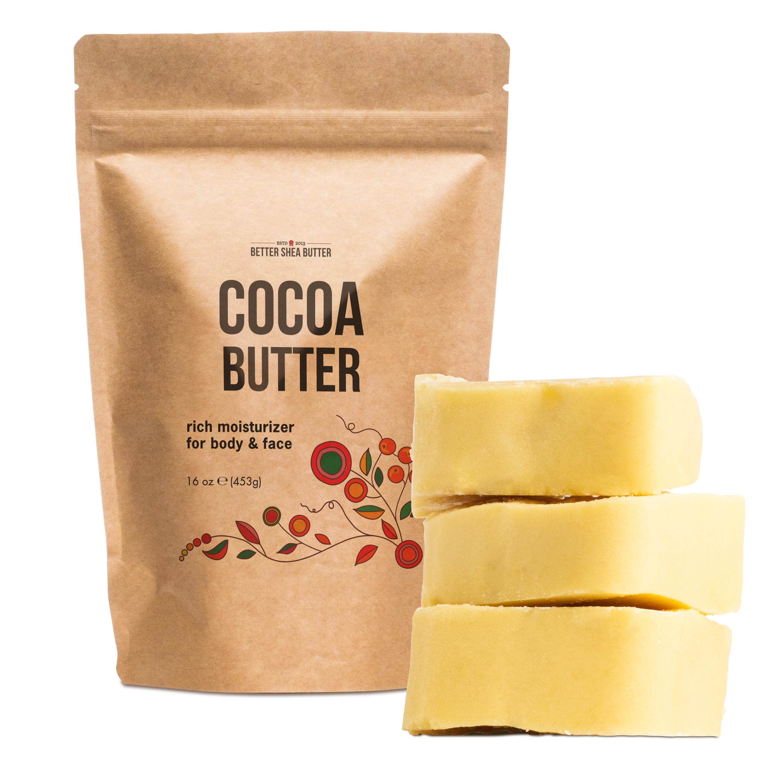 Better Shea Butter Raw Cocoa Butter - Unrefined, 100% Pure, Food Grade Cocoa Butter Block (1LB) | Skin & Hair Moisturizer