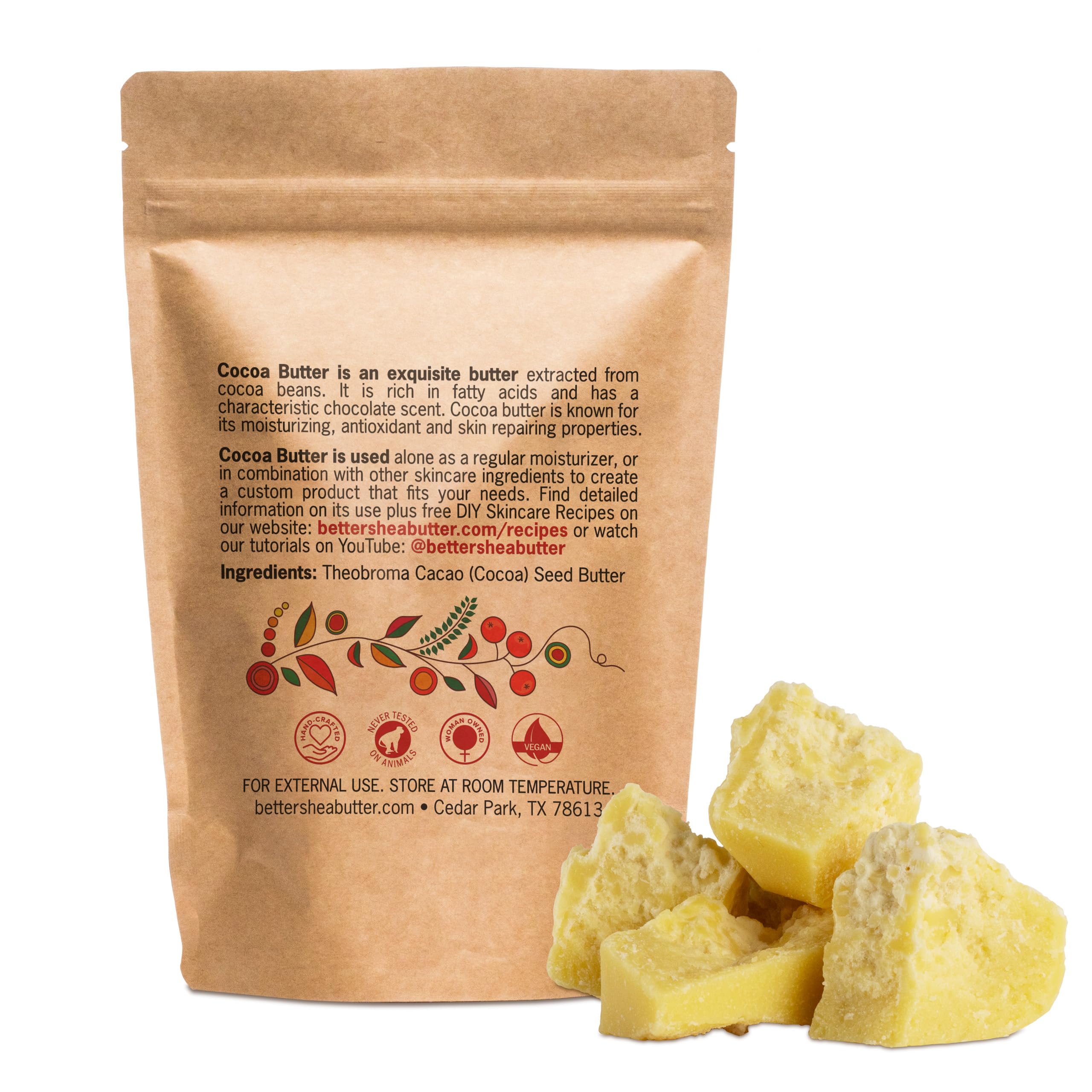 Better Shea Butter Raw Cocoa Butter - Unrefined, 100% Pure, Food Grade Cocoa Butter Block (1LB) | Skin & Hair Moisturizer