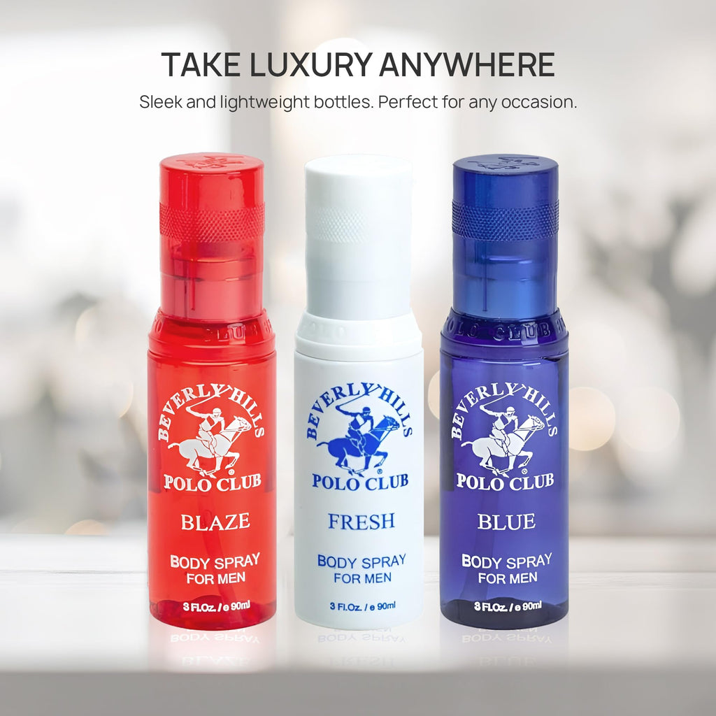 Beverly Hills Polo Club Men's Body Spray Collection – 3 x 3oz Gift Set for Everyday Freshness & Travel