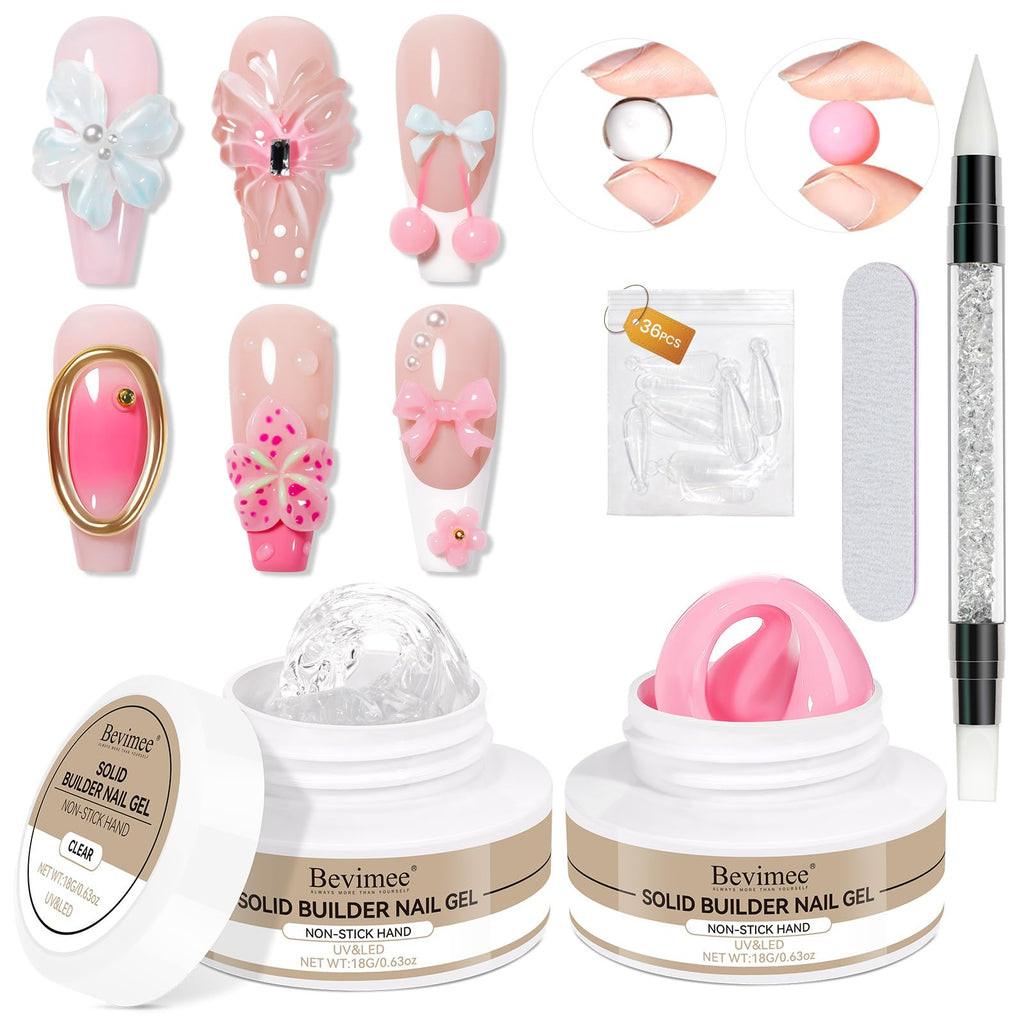 Bevimee 3D Sculpting Gel for Nails – Clear & Pink Builder Gel (2-Pack), UV/LED Nail Extensions