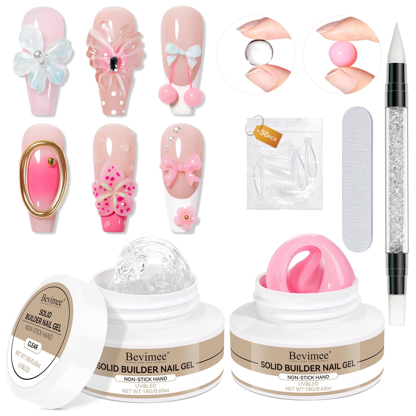 Bevimee 3D Sculpting Gel for Nails – Clear & Pink Builder Gel (2-Pack), UV/LED Nail Extensions