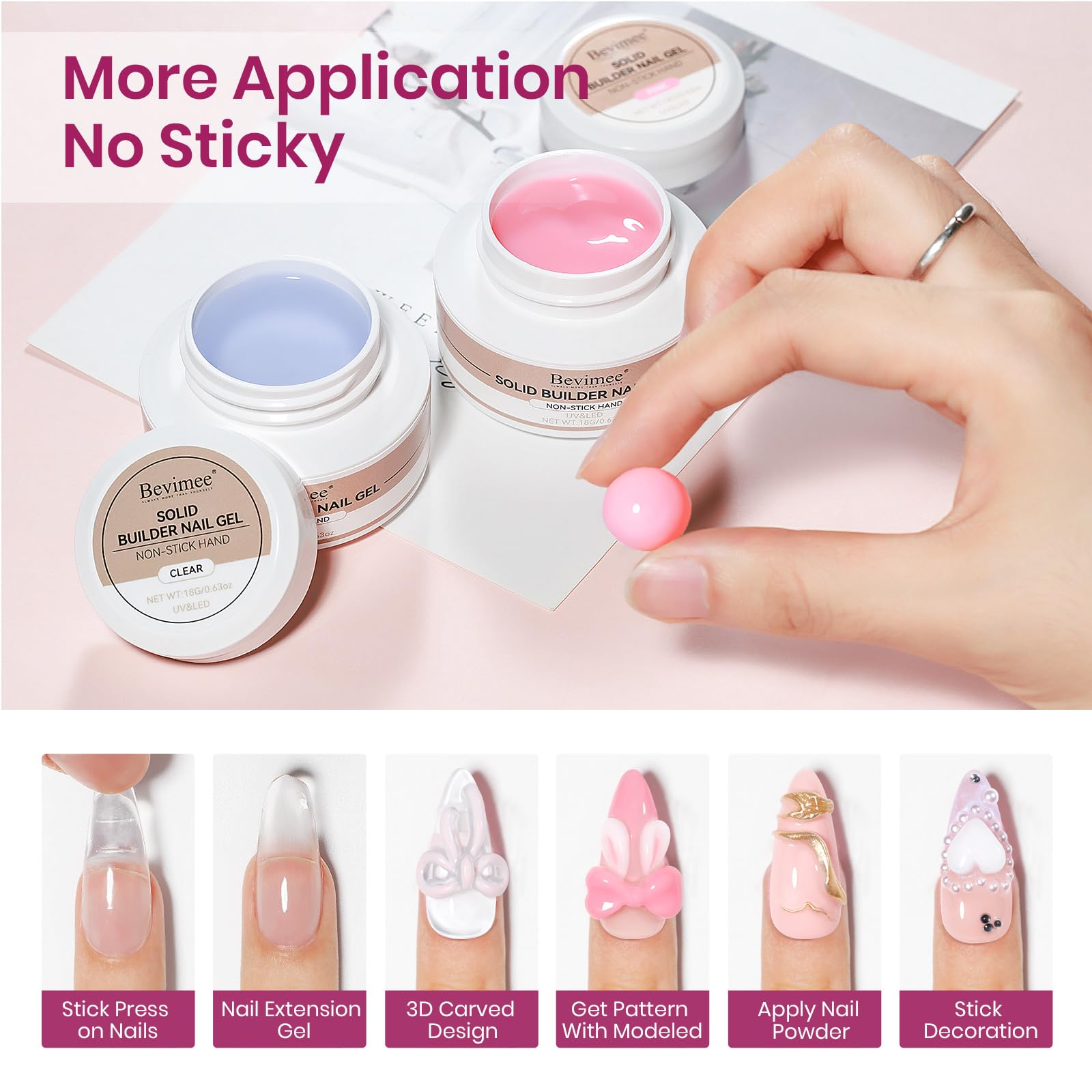 Bevimee 3D Sculpting Gel for Nails – Clear & Pink Builder Gel (2-Pack), UV/LED Nail Extensions
