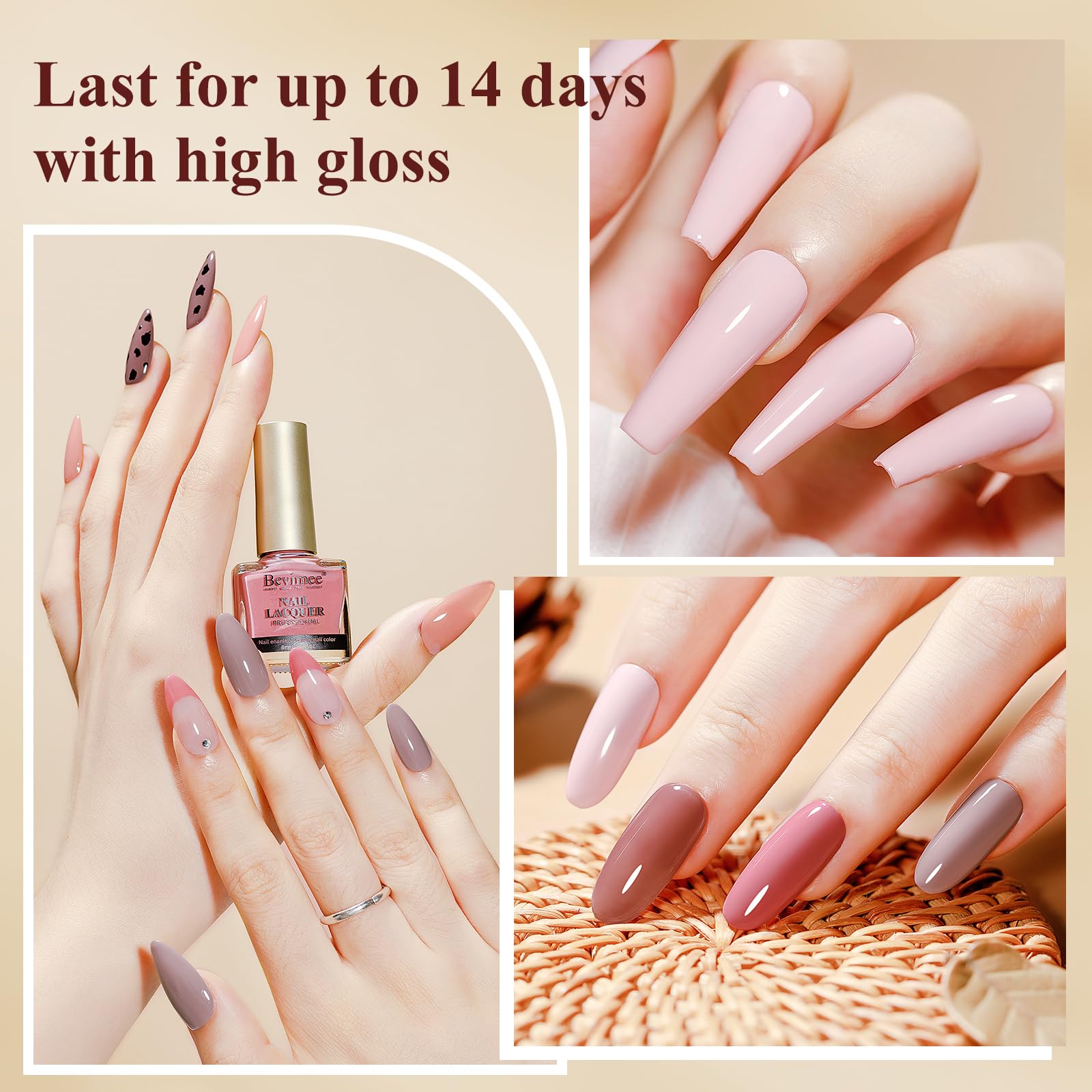 Bevimee Pink Quick Dry Nail Polish Set – 6 Vegan Lacquers | Air-Dry, Glitter Finishes, Non-Gel