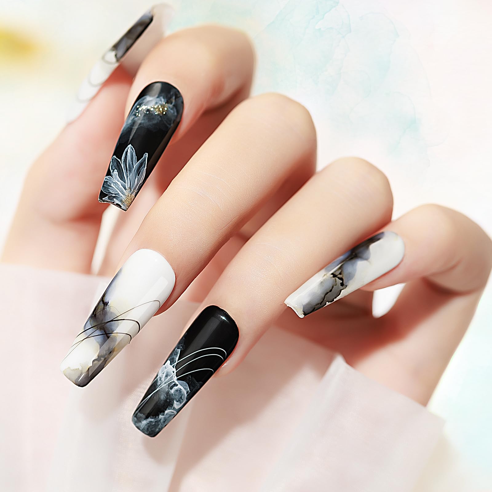 Bevimee Blooming Gel Nail Polish – Marble Watercolor Ink 12ML Black & White (2PCS) for Flower Nail Art