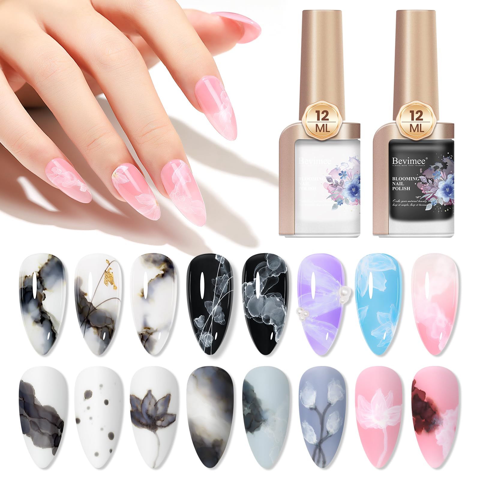 Bevimee Blooming Gel Nail Polish – Marble Watercolor Ink 12ML Black & White (2PCS) for Flower Nail Art