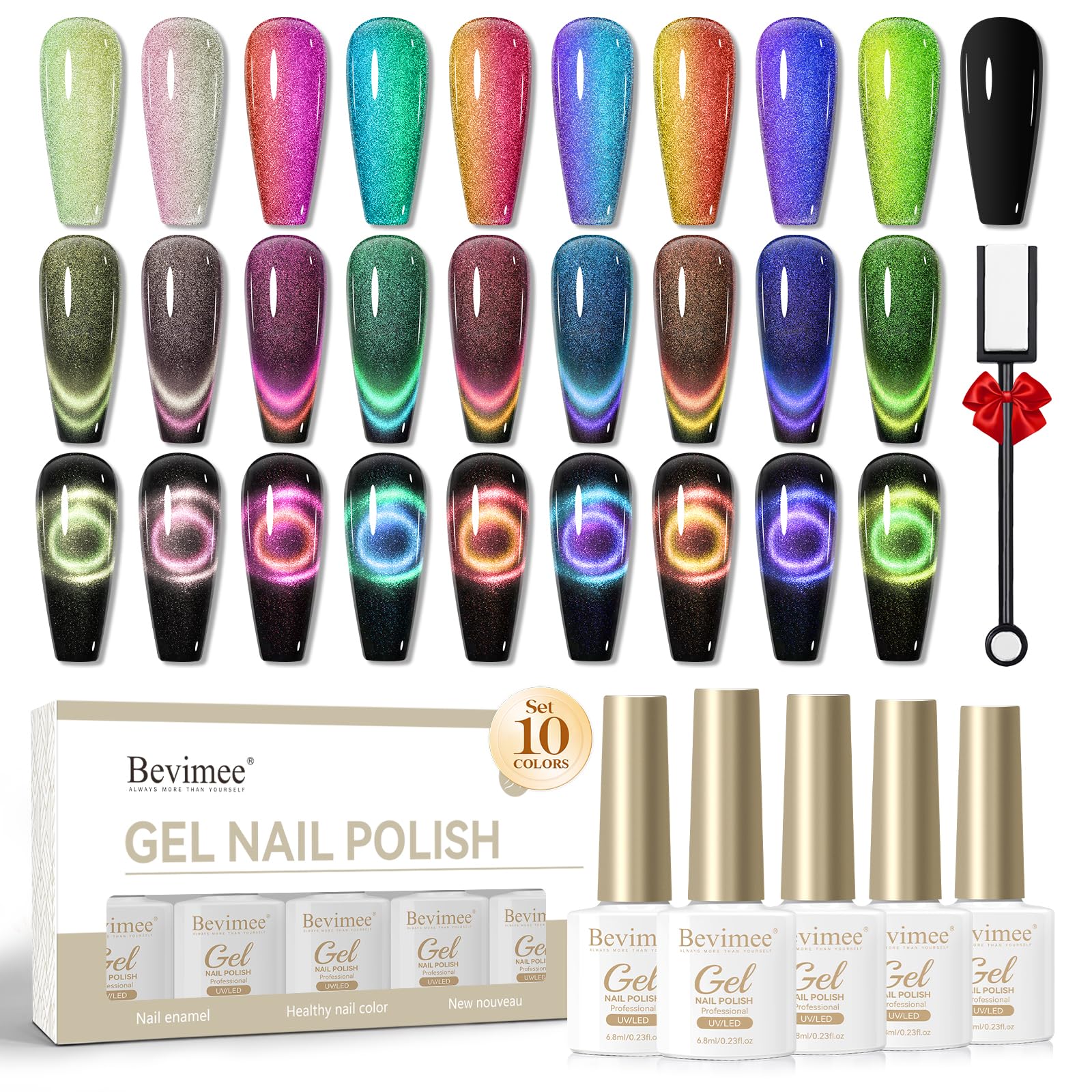Bevimee 10 Colors 9D Cat Eye Gel Nail Polish Kit with Magnet Stick | Galaxy & Chameleon Nail Art