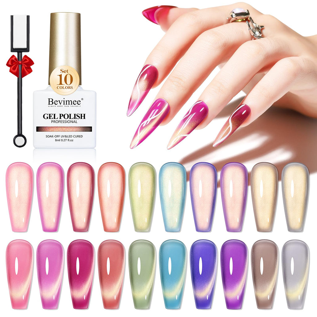 Bevimee Cat Eye Gel Nail Polish Set – 10 Colors with Magnet for Home Manicure
