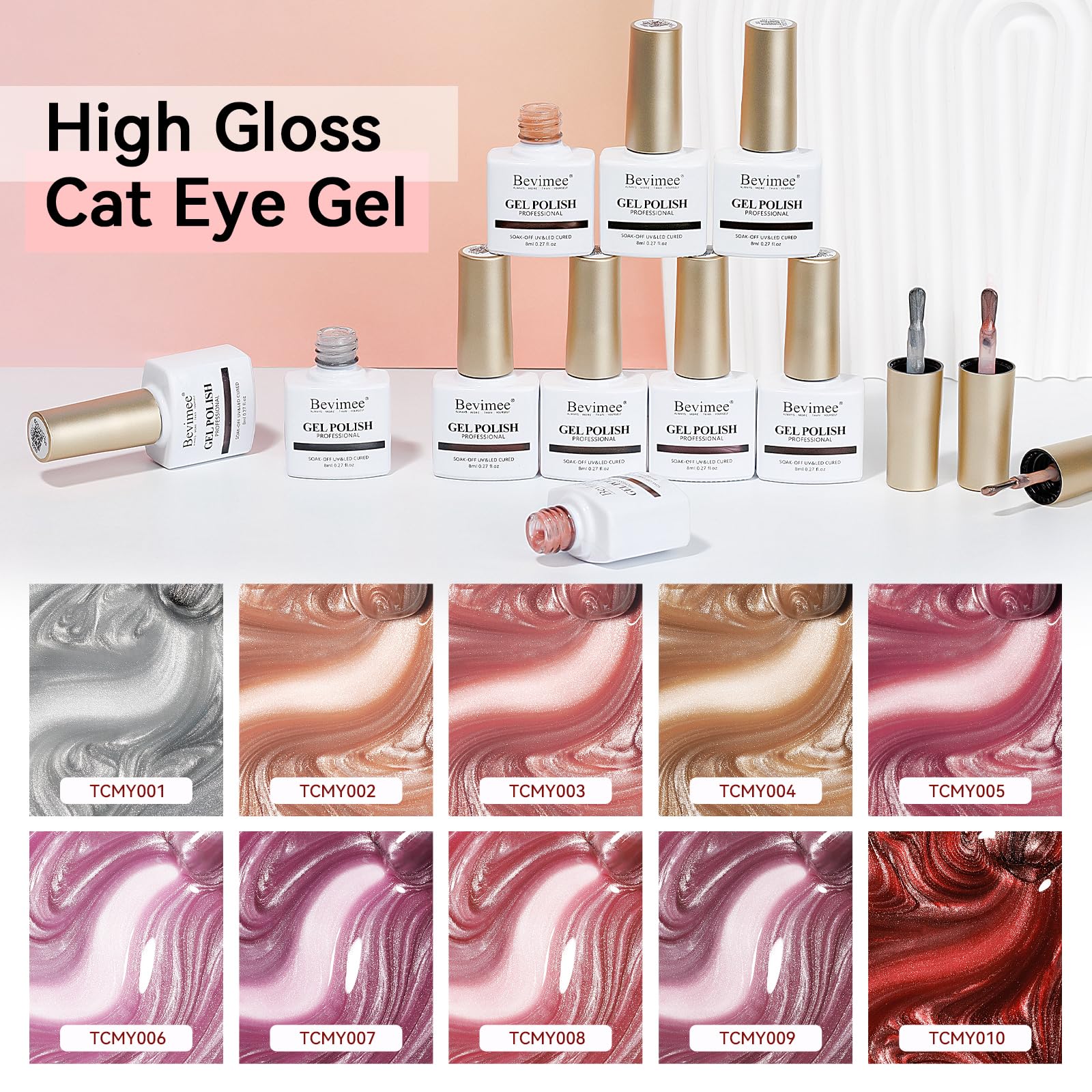 Bevimee Cat-Eye Gel Polish Set with Magnet - 10 Colors Moonlight (8ml)
