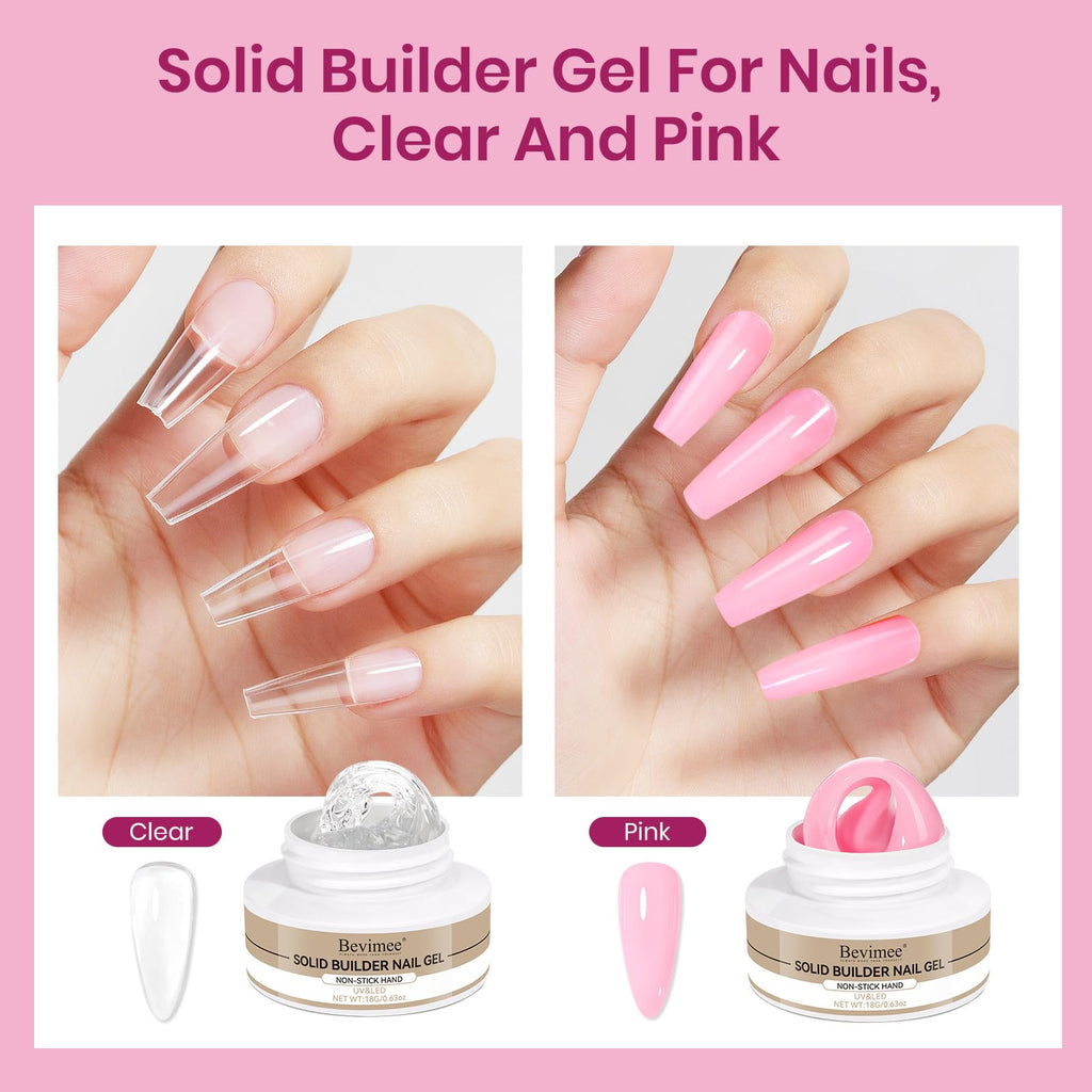 Bevimee 3D Sculpting Gel for Nails – Clear & Pink Builder Gel (2-Pack), UV/LED Nail Extensions