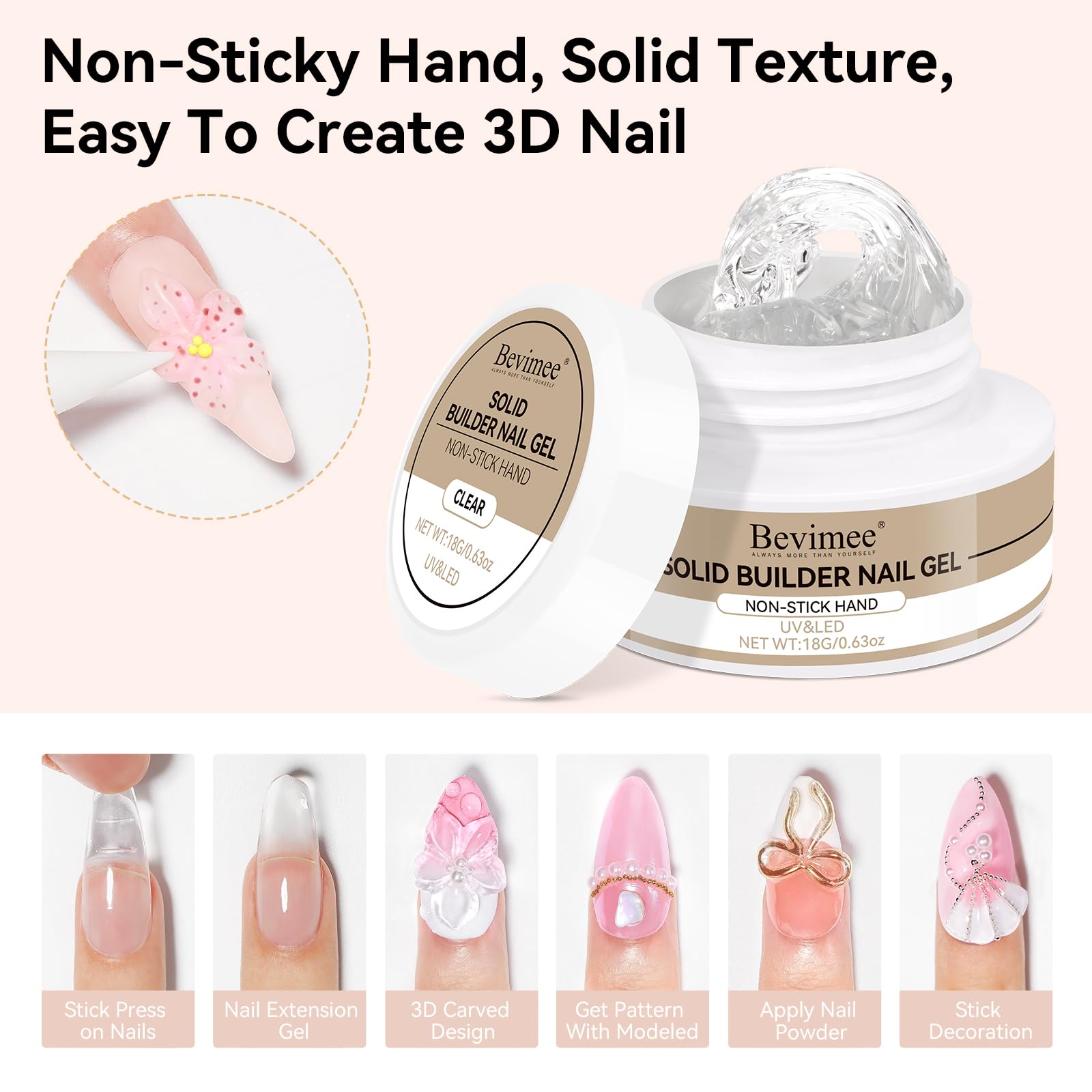 Bevimee Solid Builder Gel Kit – 18g + 15ml, 8-in-1 Clear Gel for 3D Nail Sculpting