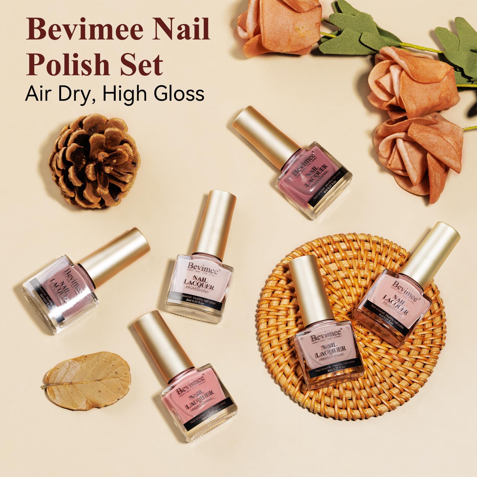 Bevimee Pink Quick Dry Nail Polish Set – 6 Vegan Lacquers | Air-Dry, Glitter Finishes, Non-Gel