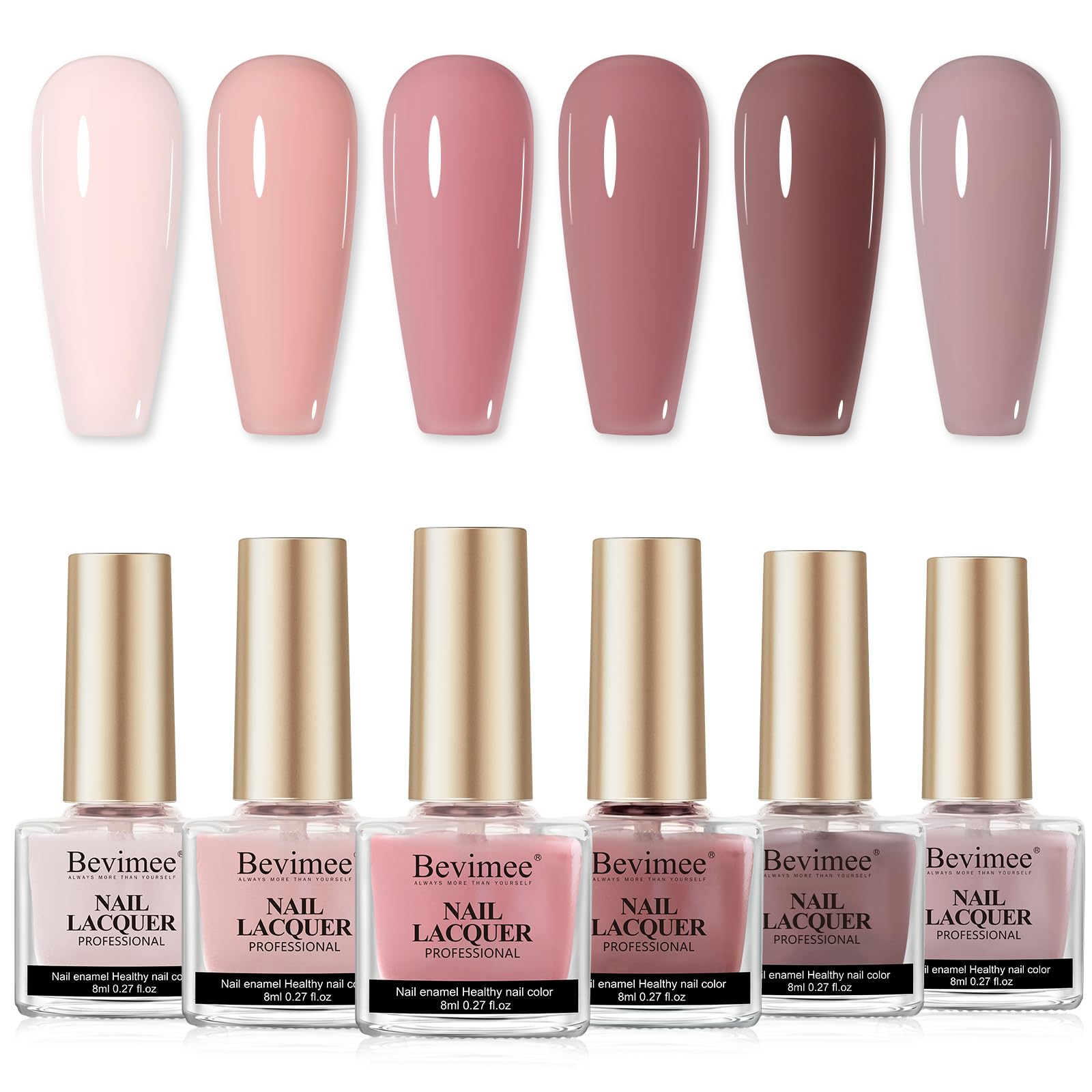 Bevimee Pink Quick Dry Nail Polish Set – 6 Vegan Lacquers | Air-Dry, Glitter Finishes, Non-Gel
