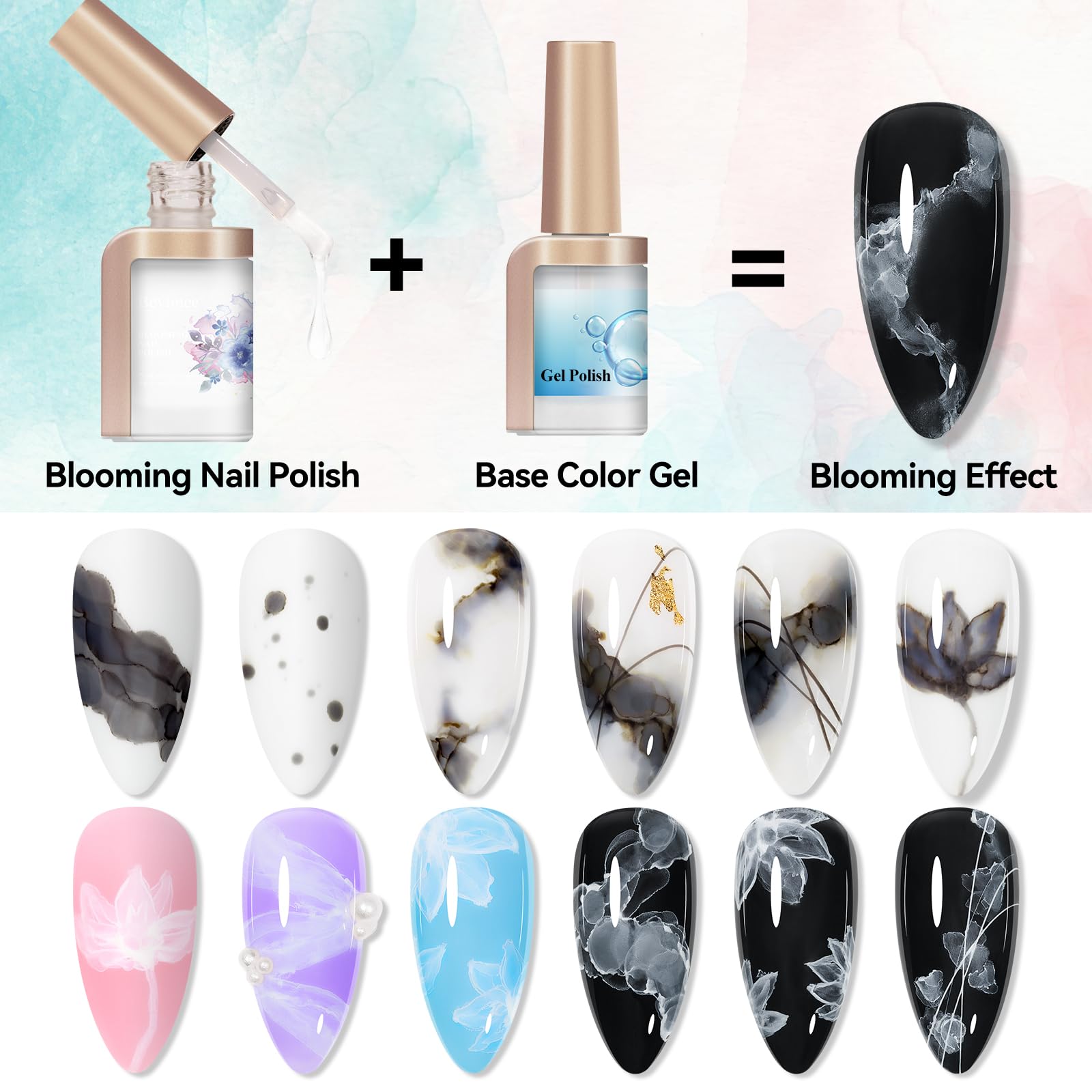 Bevimee Blooming Gel Nail Polish – Marble Watercolor Ink 12ML Black & White (2PCS) for Flower Nail Art