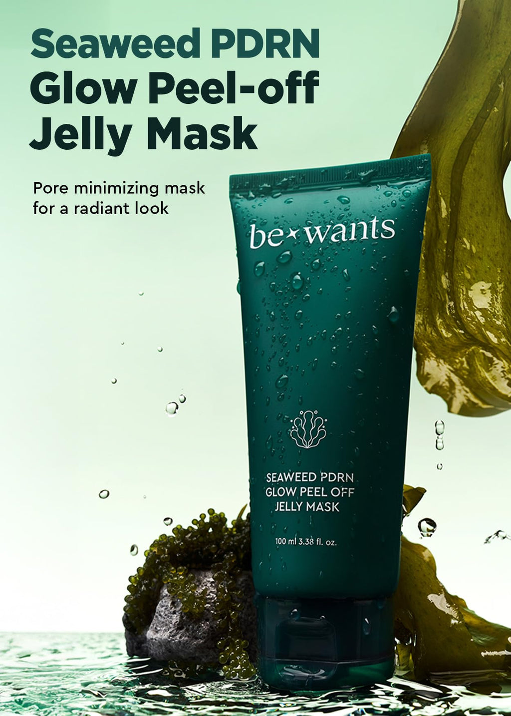 BE+WANTS Seaweed PDRN Peel-Off Jelly Mask – Exfoliating AHA/BHA Niacinamide, Pore-Minimizing, 3.38 fl oz