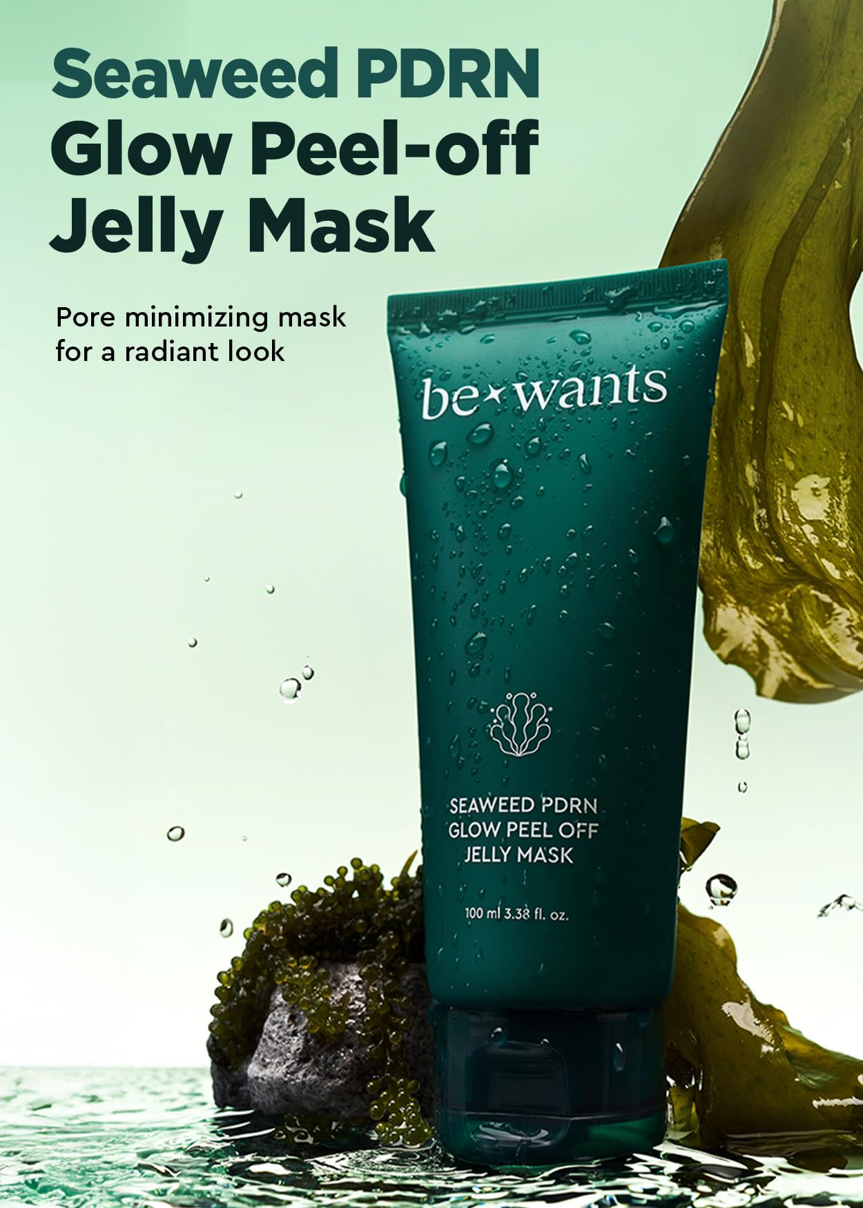 BE+WANTS Seaweed PDRN Peel-Off Jelly Mask – Exfoliating AHA/BHA Niacinamide, Pore-Minimizing, 3.38 fl oz