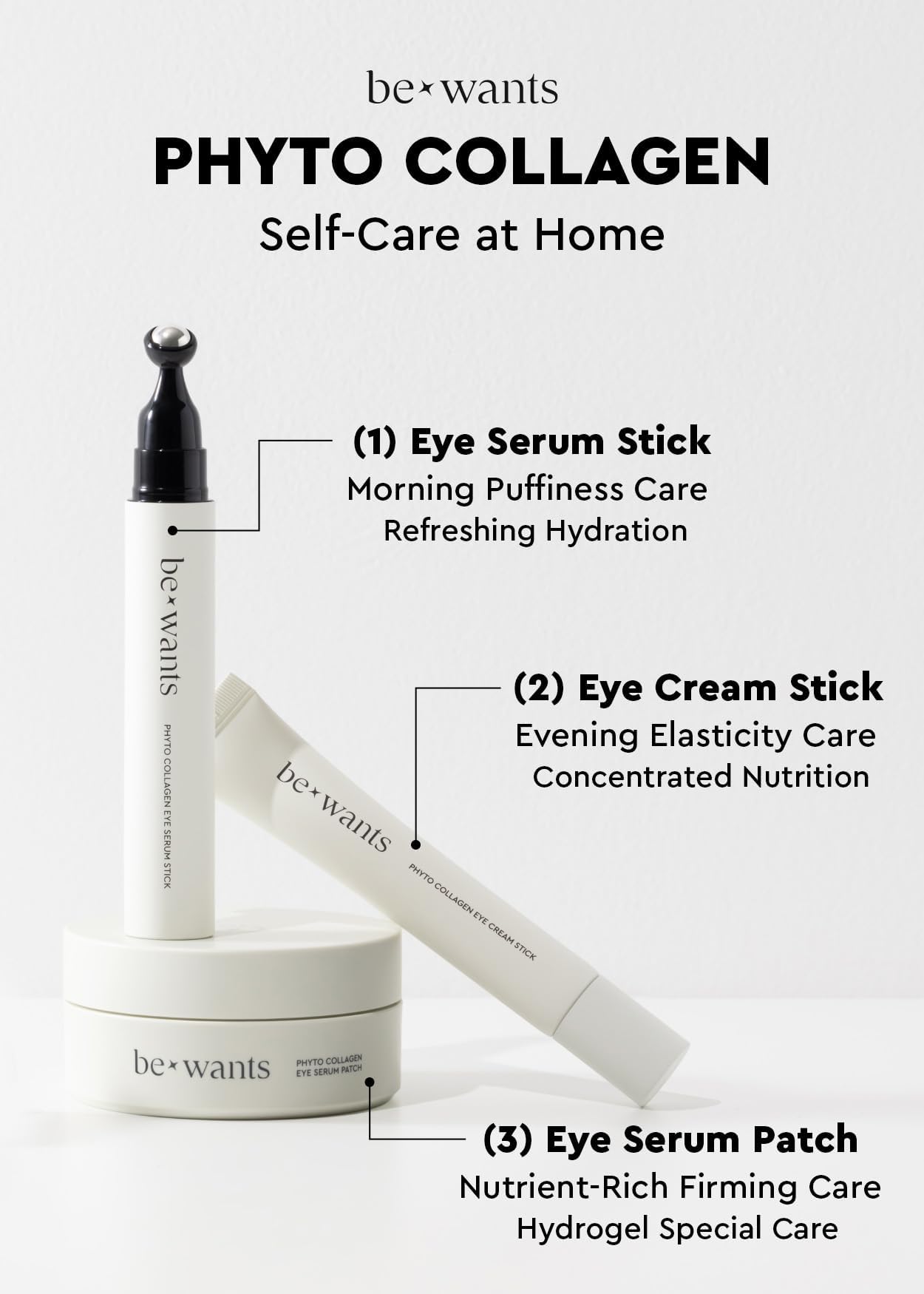 BE+WANTS Under Eye Patches for Puffy Eyes — 120 Patches, Bamboo Water 71.9% & Vegan Collagen